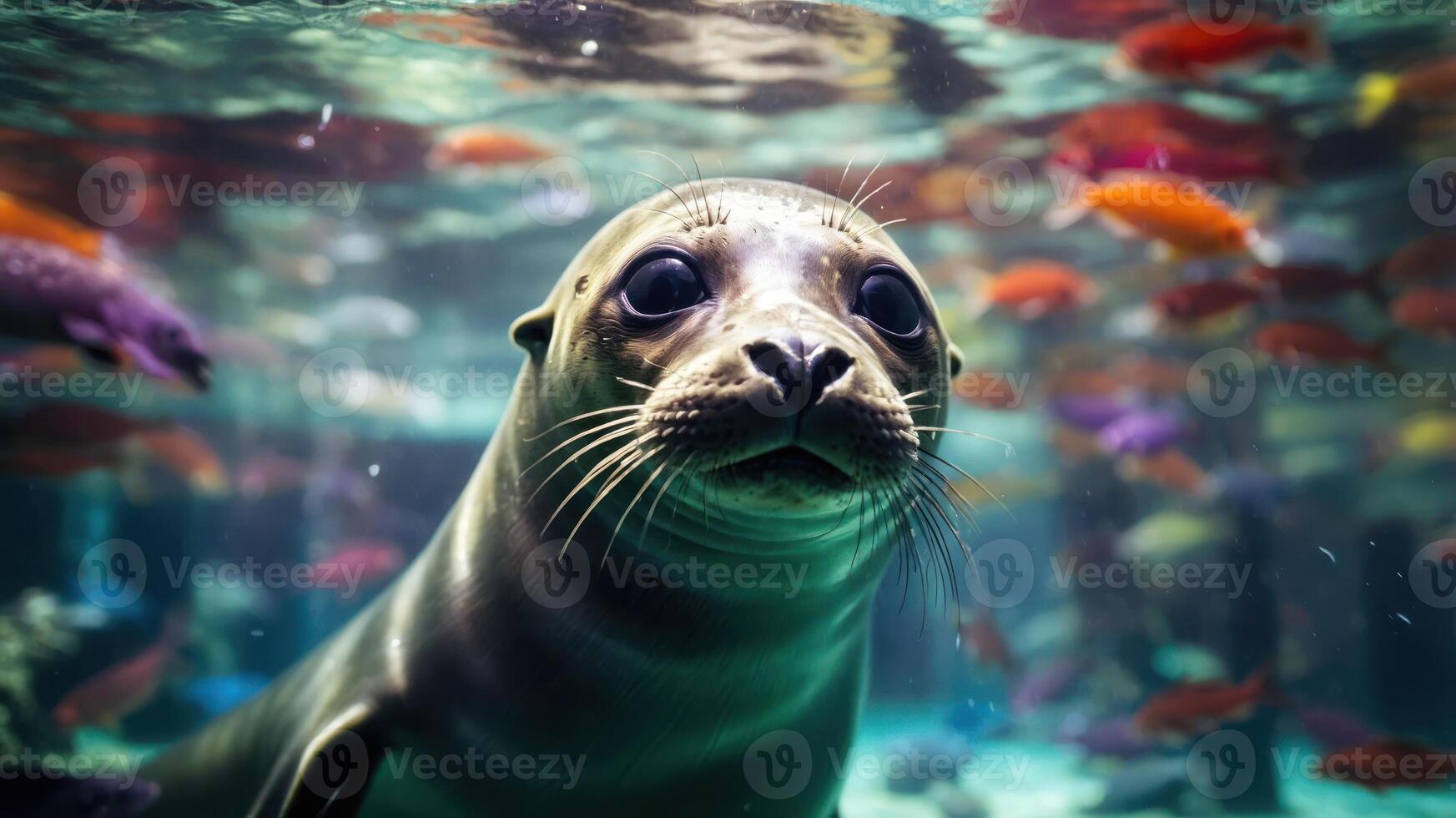 A curious seal swimming among colorful fish in a vibrant underwater scene. photo