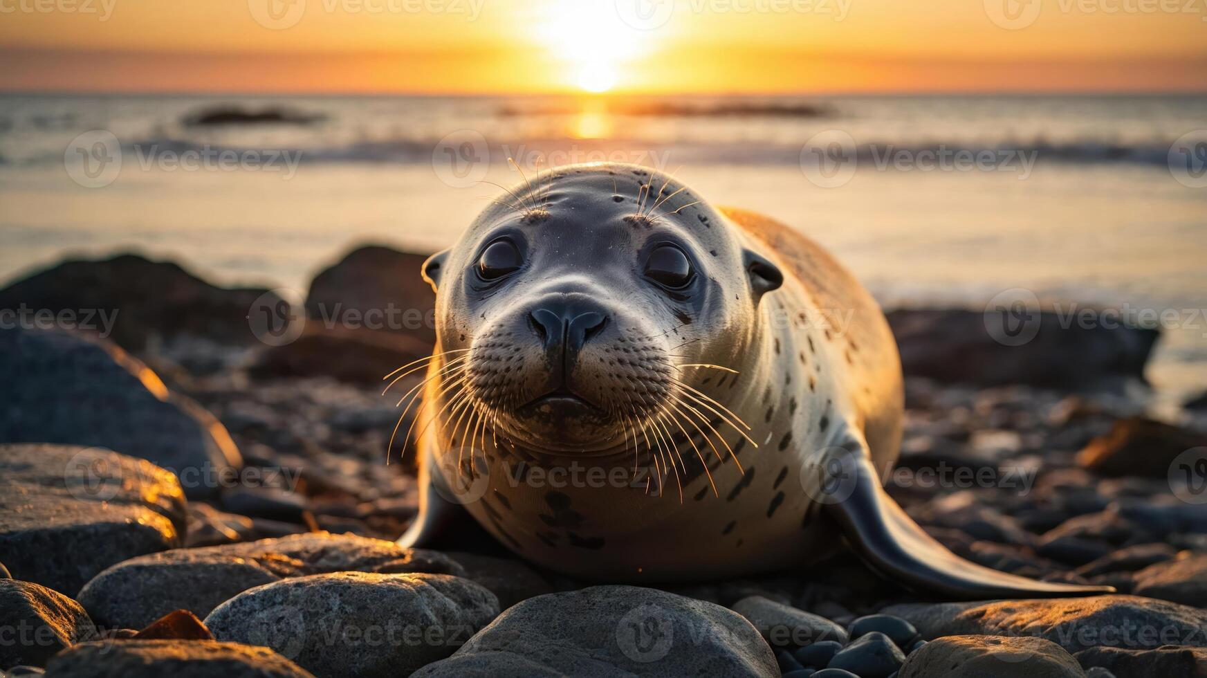 A seal resting on a rocky beach during a vibrant sunset by the ocean. photo