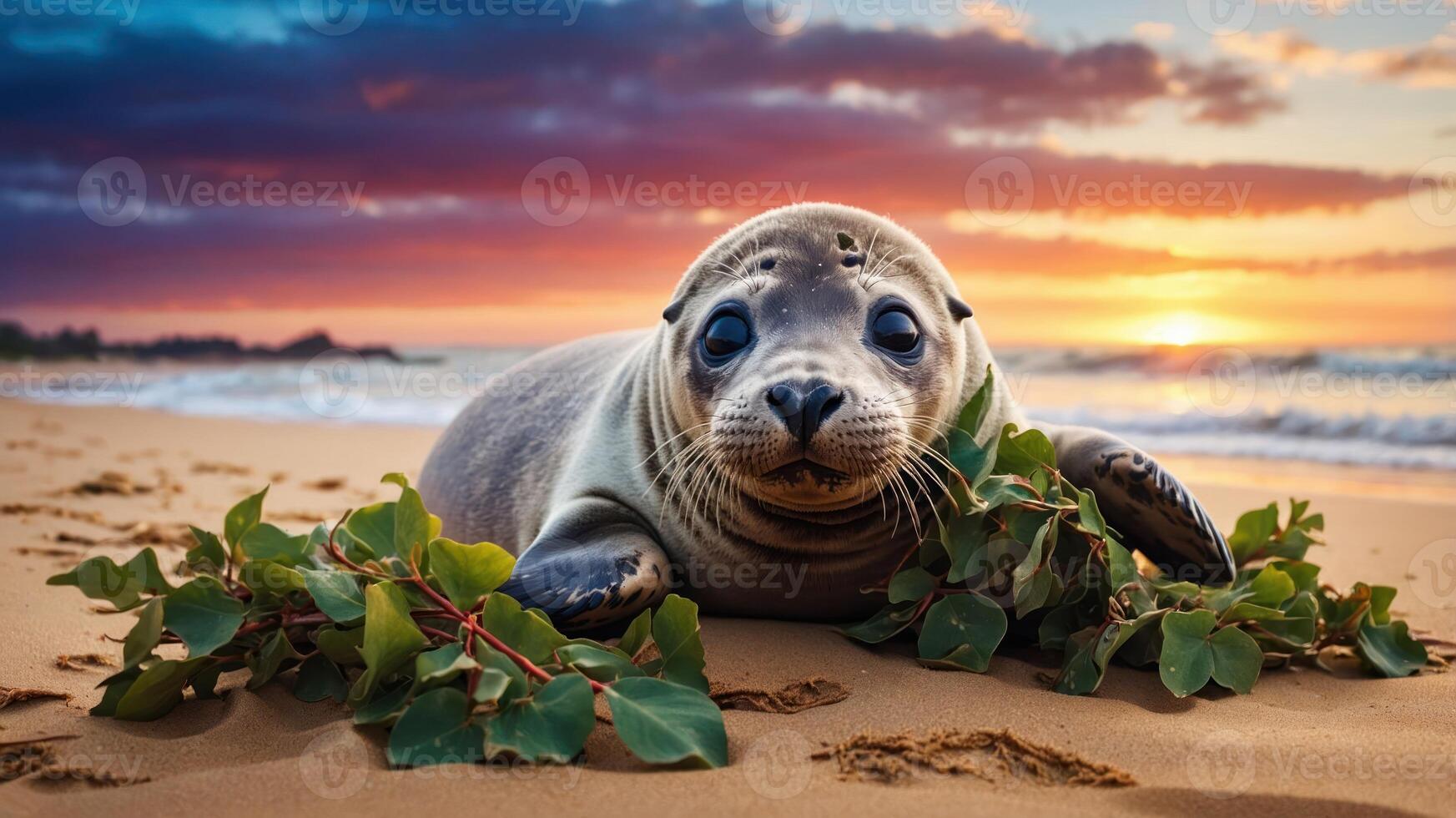 A seal resting on the beach at sunset, surrounded by greenery and ocean waves. photo