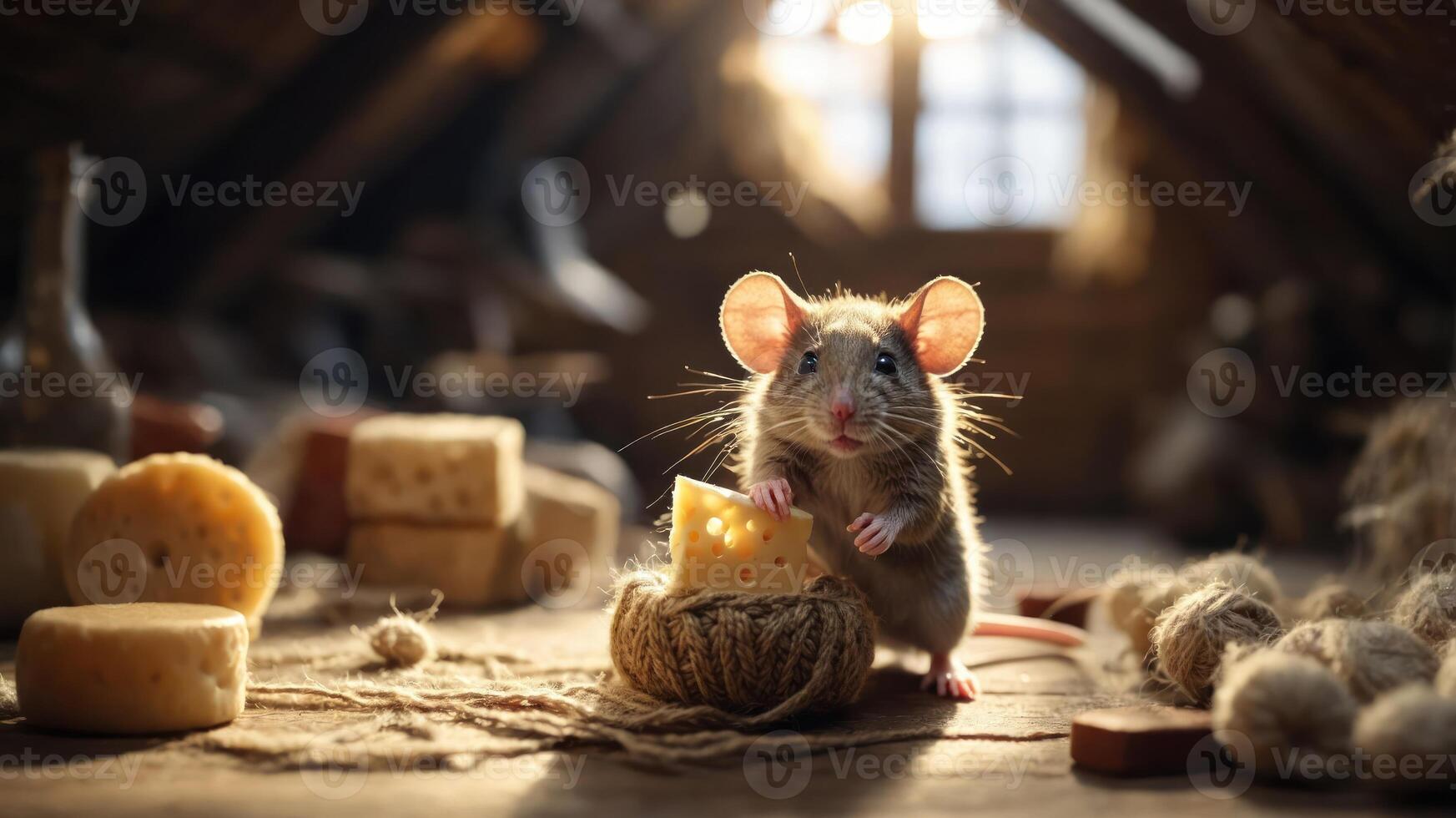A cute mouse enjoying a piece of cheese in a cozy attic setting. photo