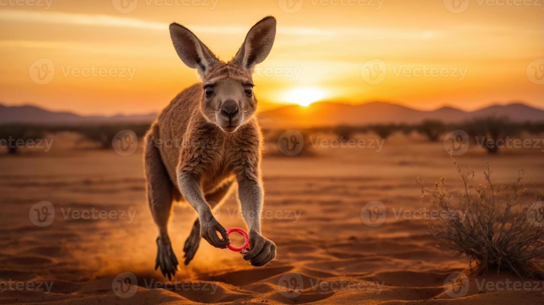 A kangaroo joyfully leaps across a desert landscape during a vibrant sunset. photo