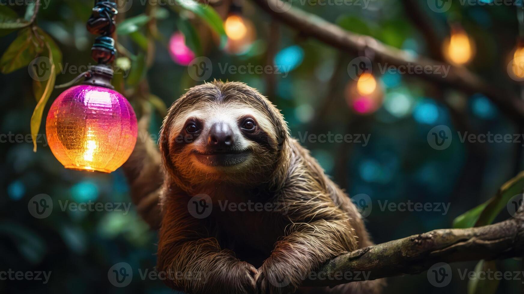 A sloth resting on a branch adorned with colorful lights in a lush, vibrant setting. photo