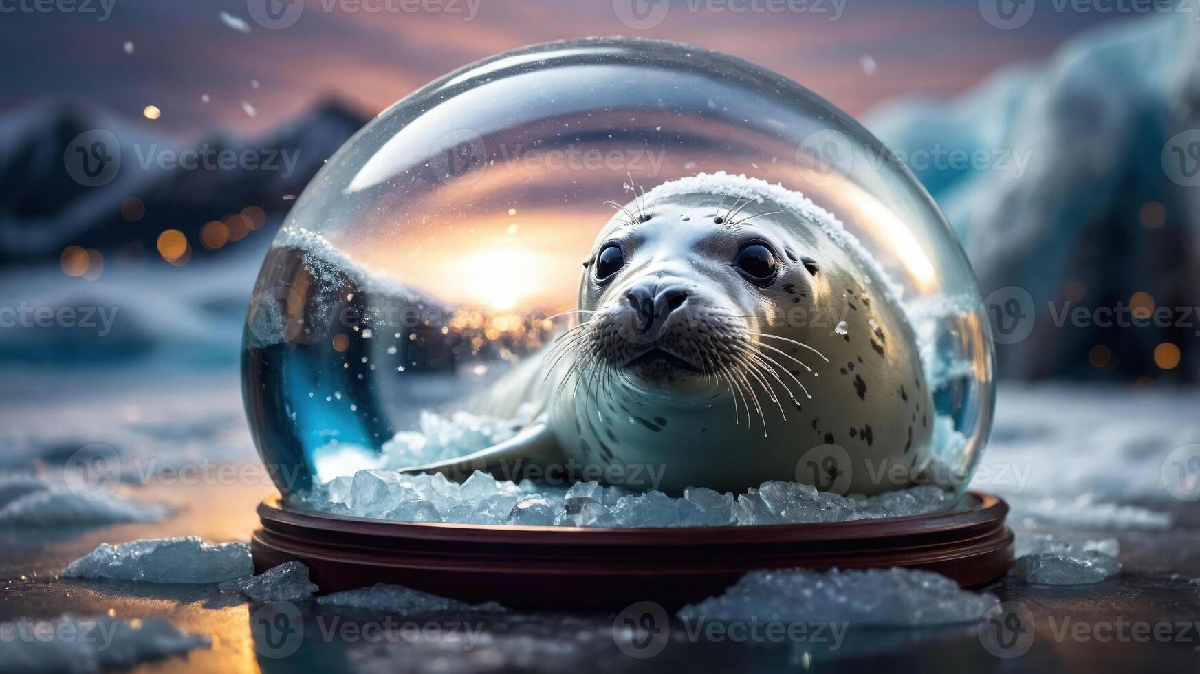 A seal inside a glass dome, surrounded by ice, with a scenic background of mountains. photo