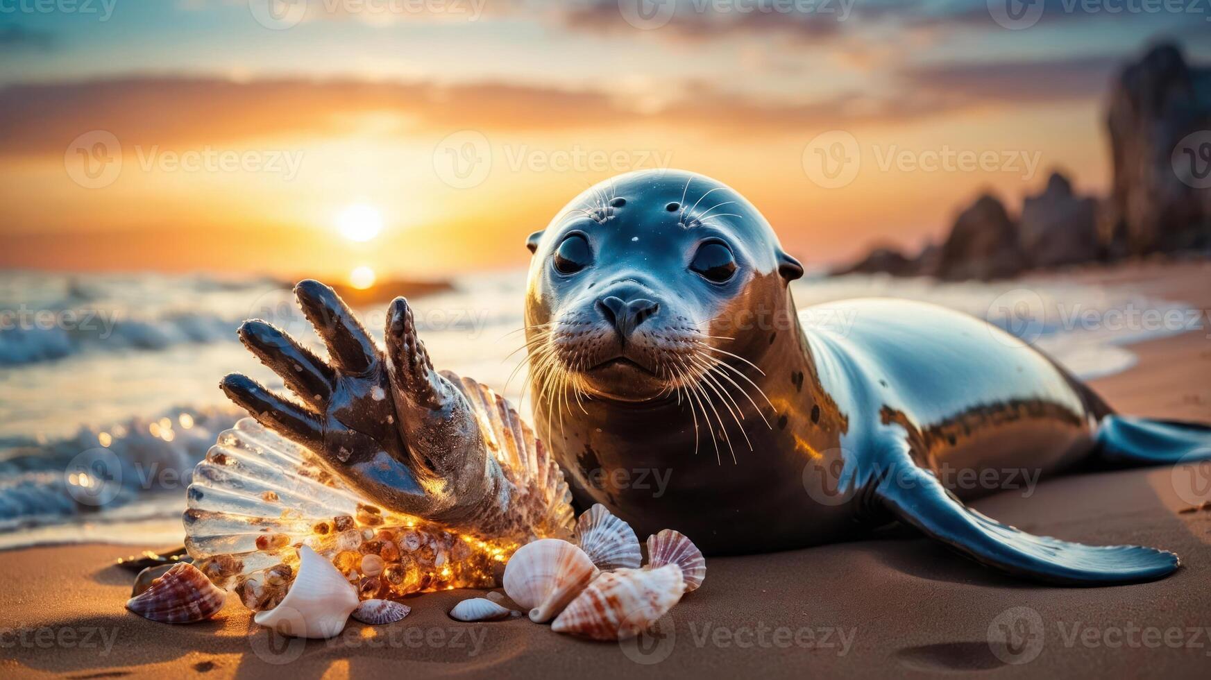 A playful seal on a sandy beach with seashells, illuminated by a sunset. photo