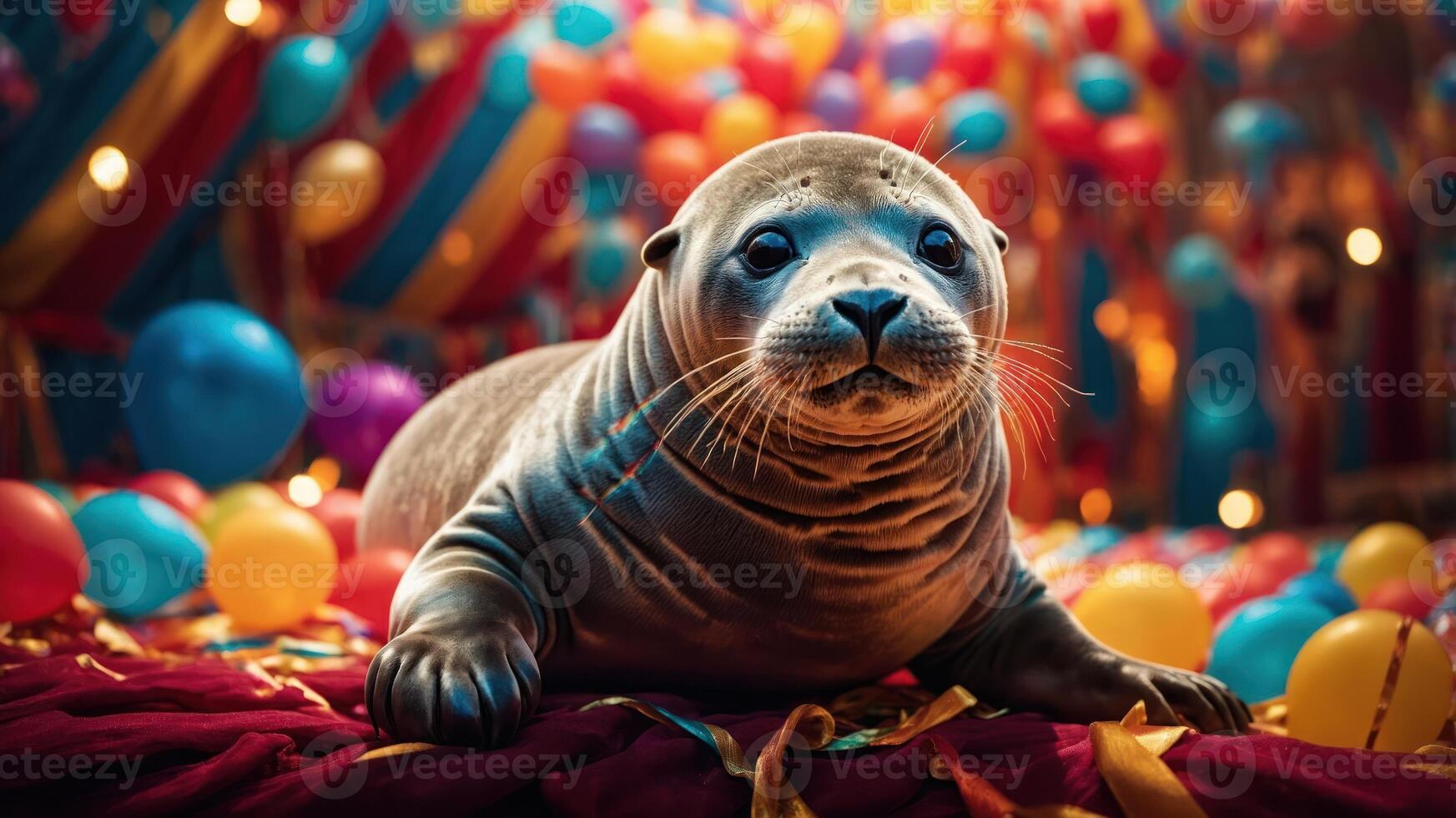 A playful seal surrounded by colorful balloons and festive decorations. photo