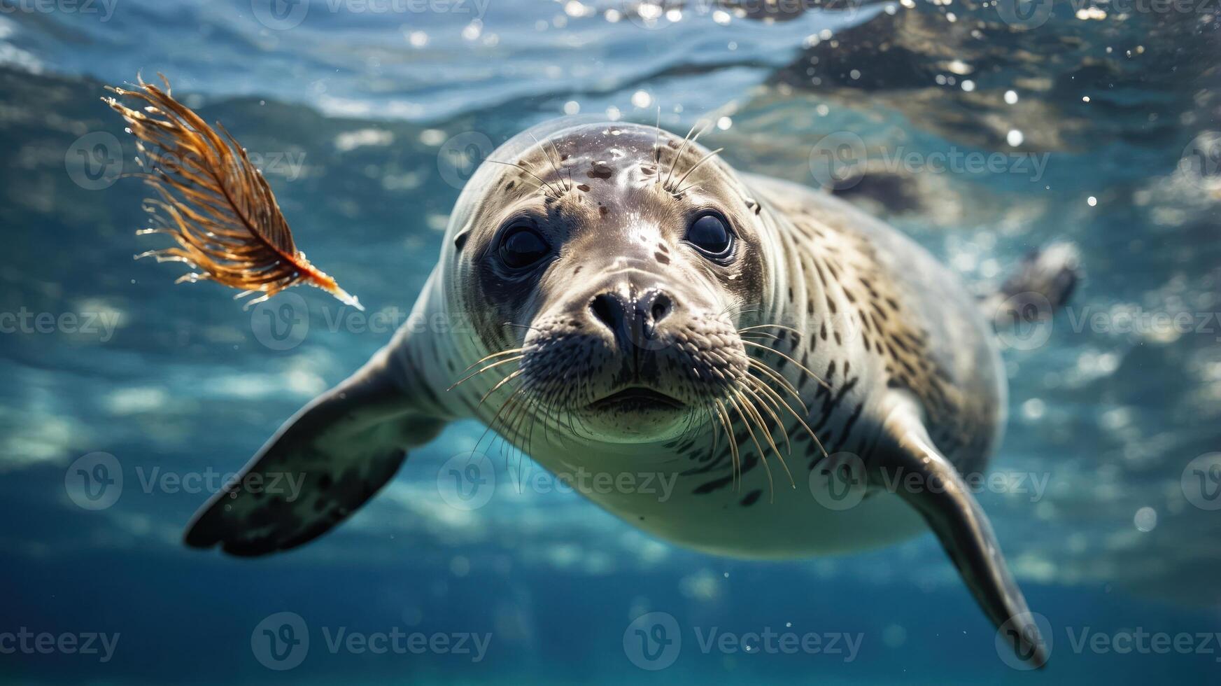A curious seal swims underwater, observing a floating object. photo
