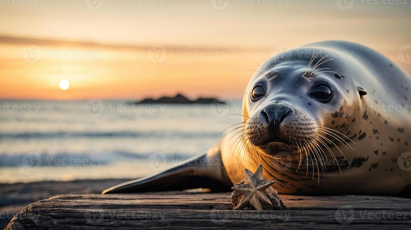 A seal resting on a log at sunset, with a starfish beside it, by the ocean. photo
