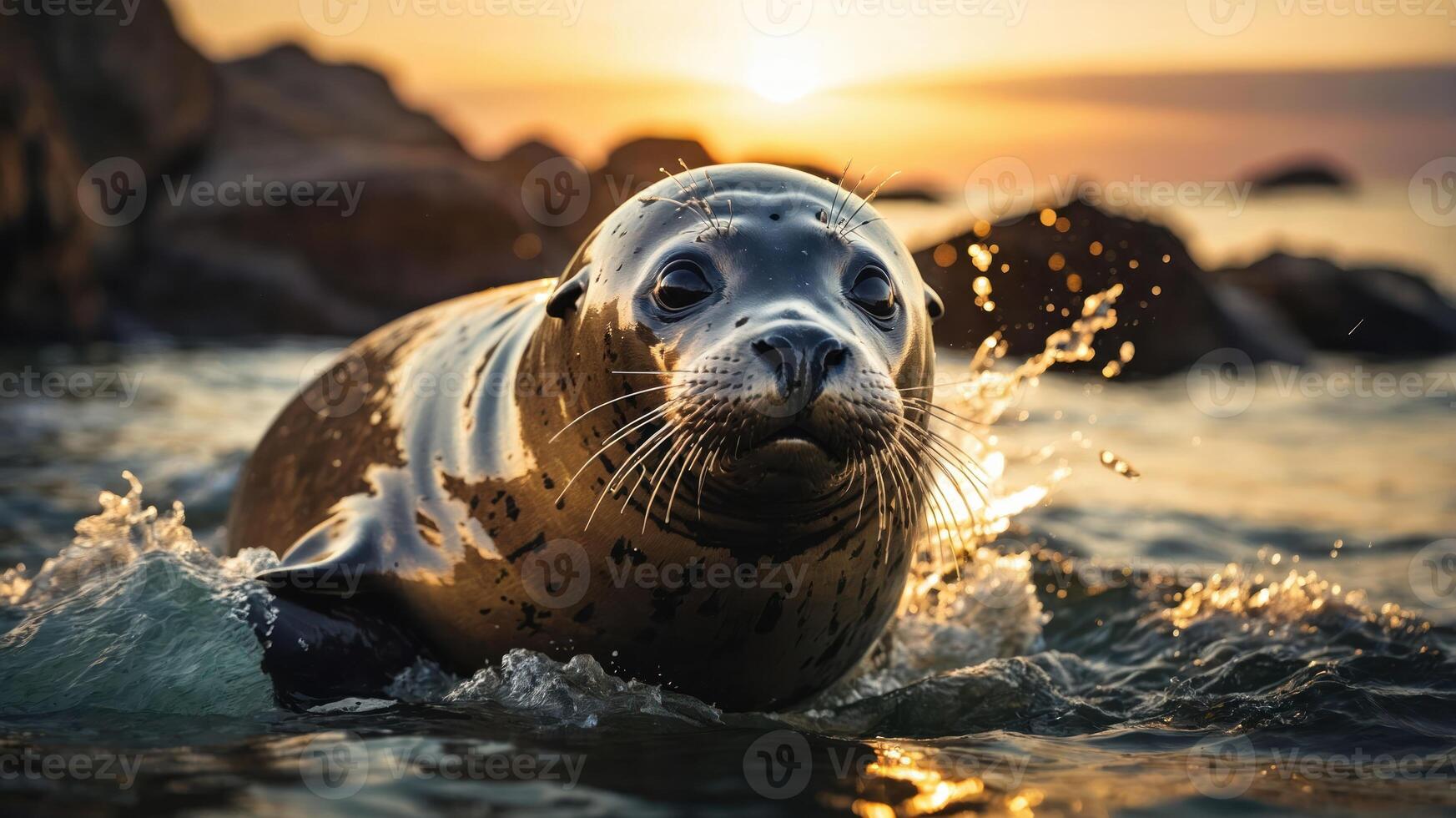 A seal swims in the ocean at sunset, creating splashes in a serene coastal scene. photo