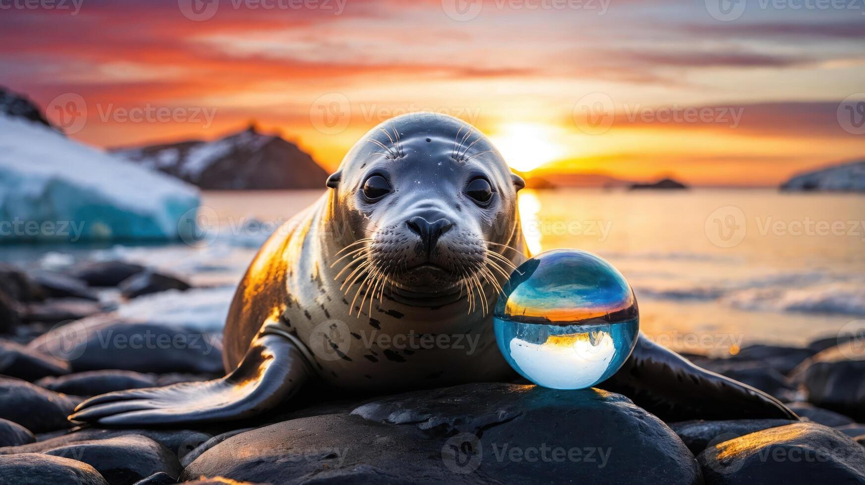 A seal resting on stones with a crystal ball at sunset, showcasing nature's beauty. photo