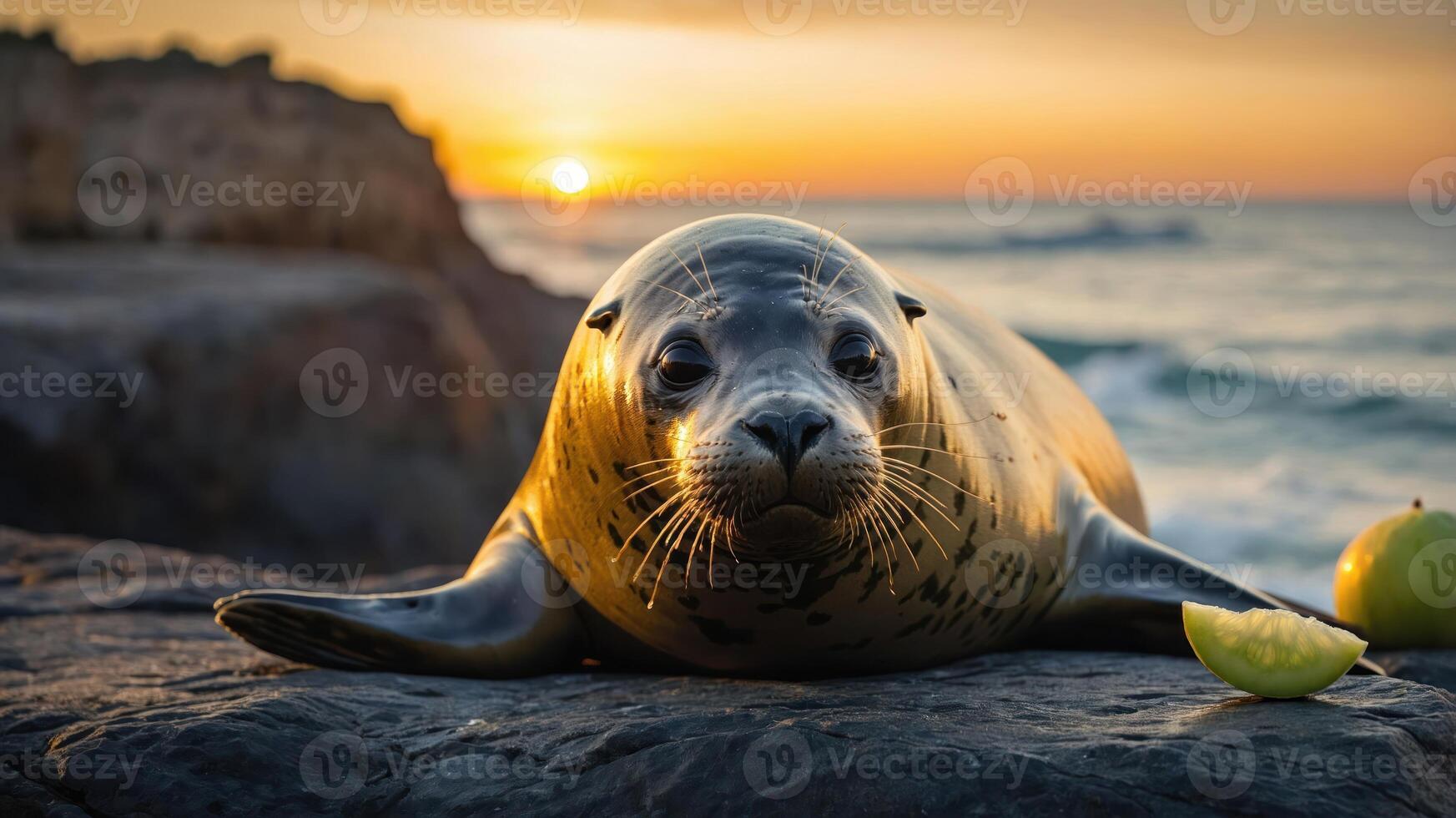 A serene seal rests on a rock by the ocean during sunset, surrounded by fruit. photo