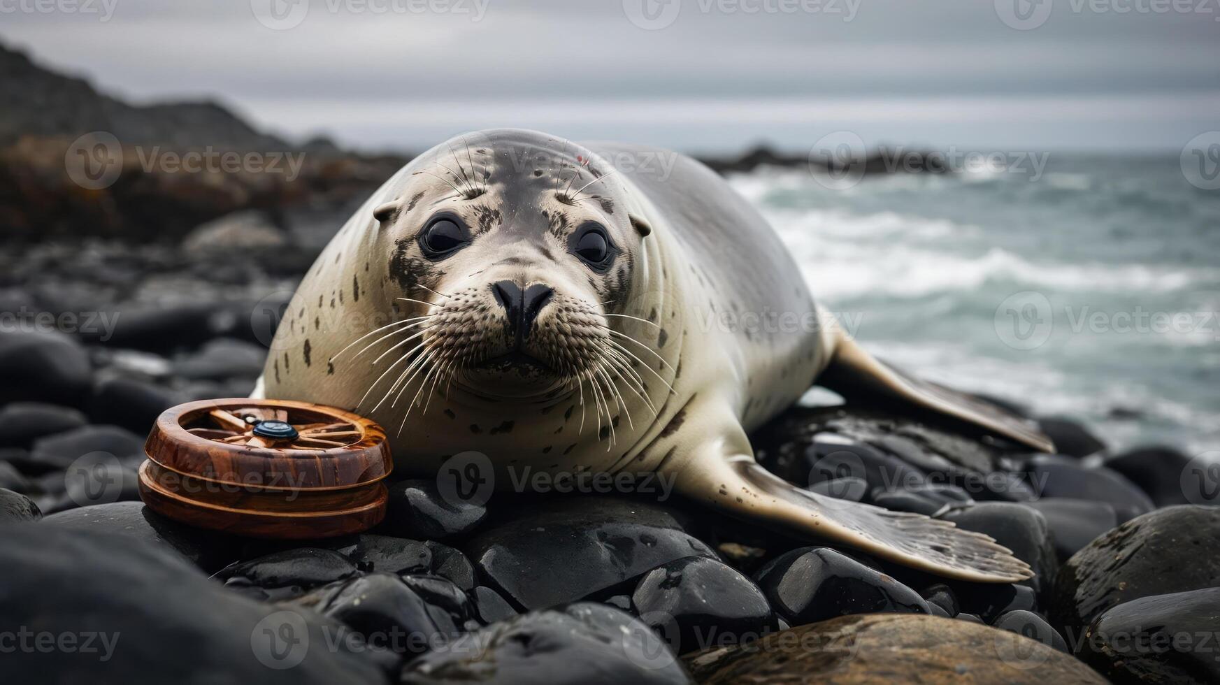 A seal lounging on rocky shore near the ocean, with a wooden object beside it. photo