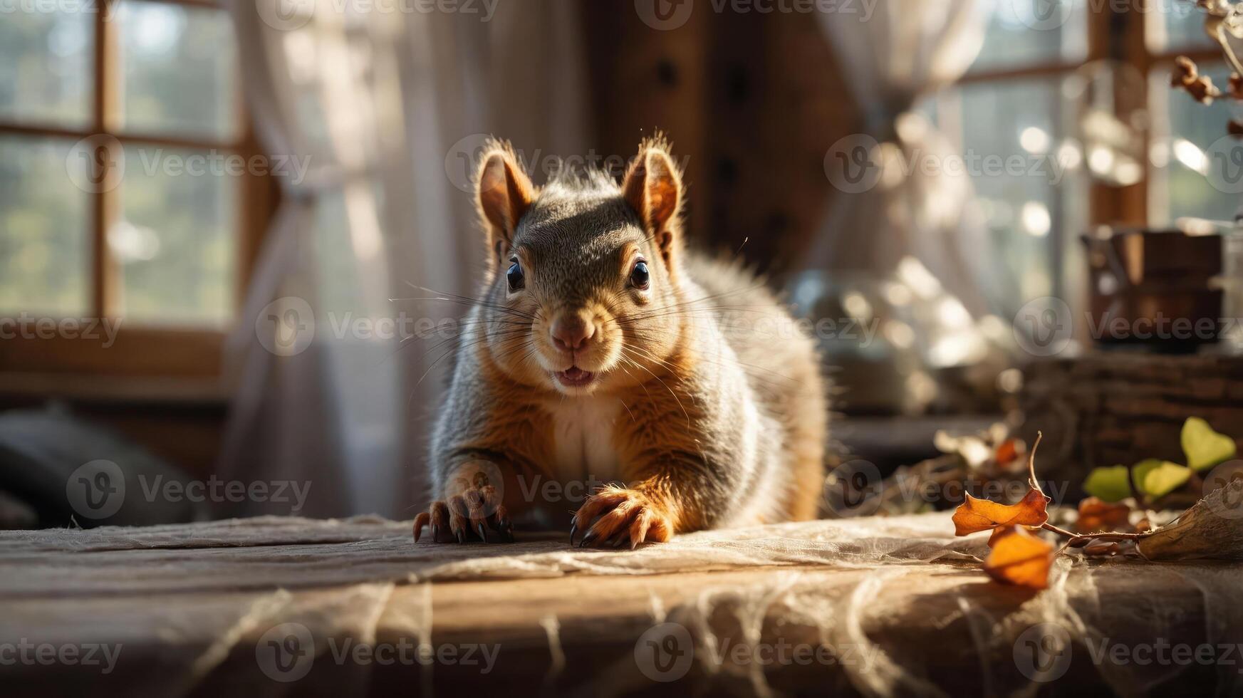 A curious squirrel perched on a table in a cozy, sunlit setting. photo