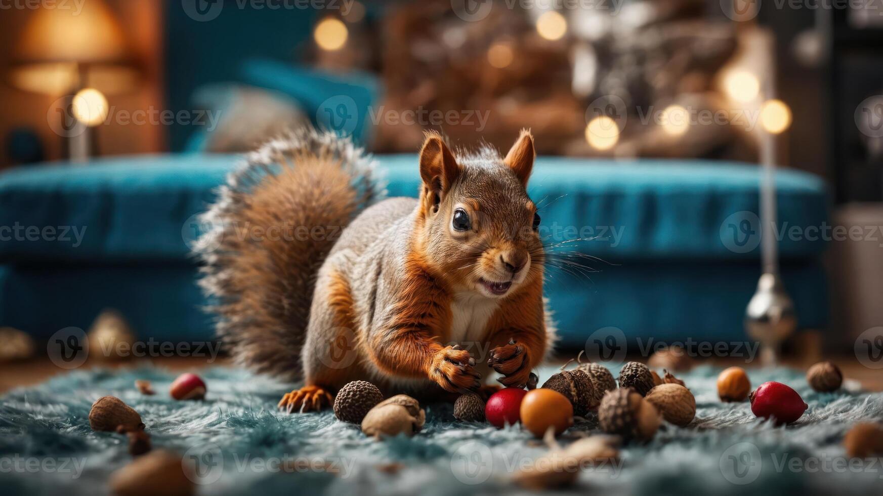 A playful squirrel surrounded by various nuts in a cozy indoor setting. photo