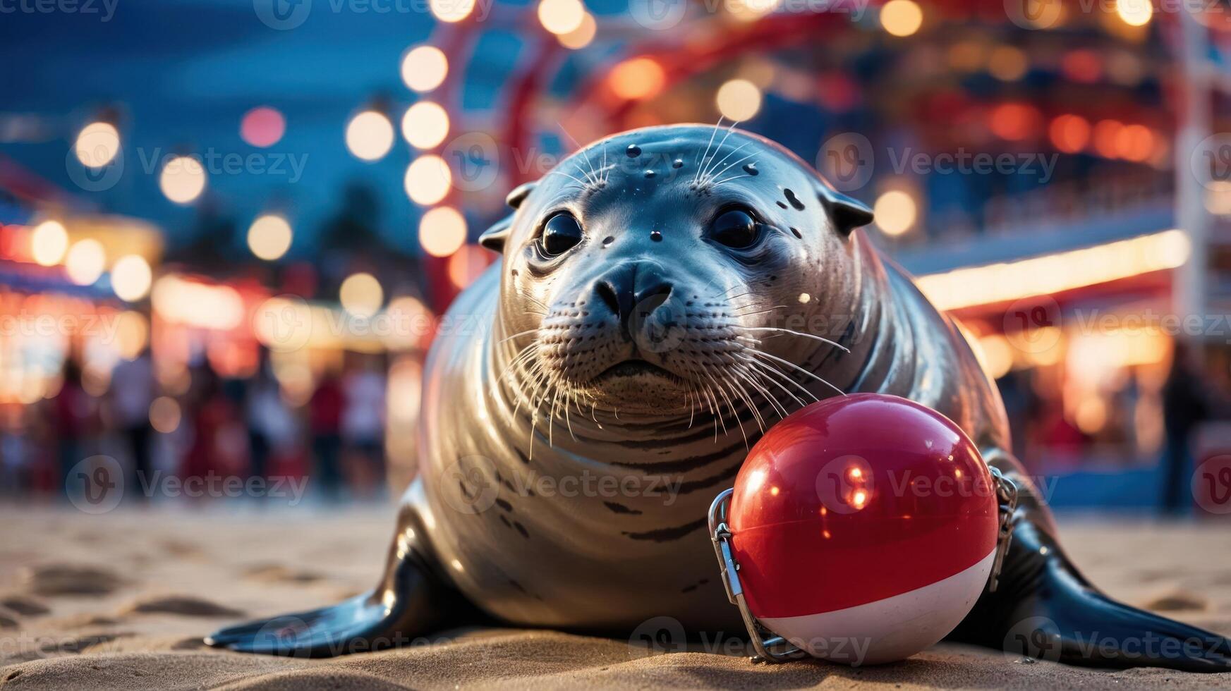 A seal resting on sand with a ball, set against a colorful amusement backdrop. photo