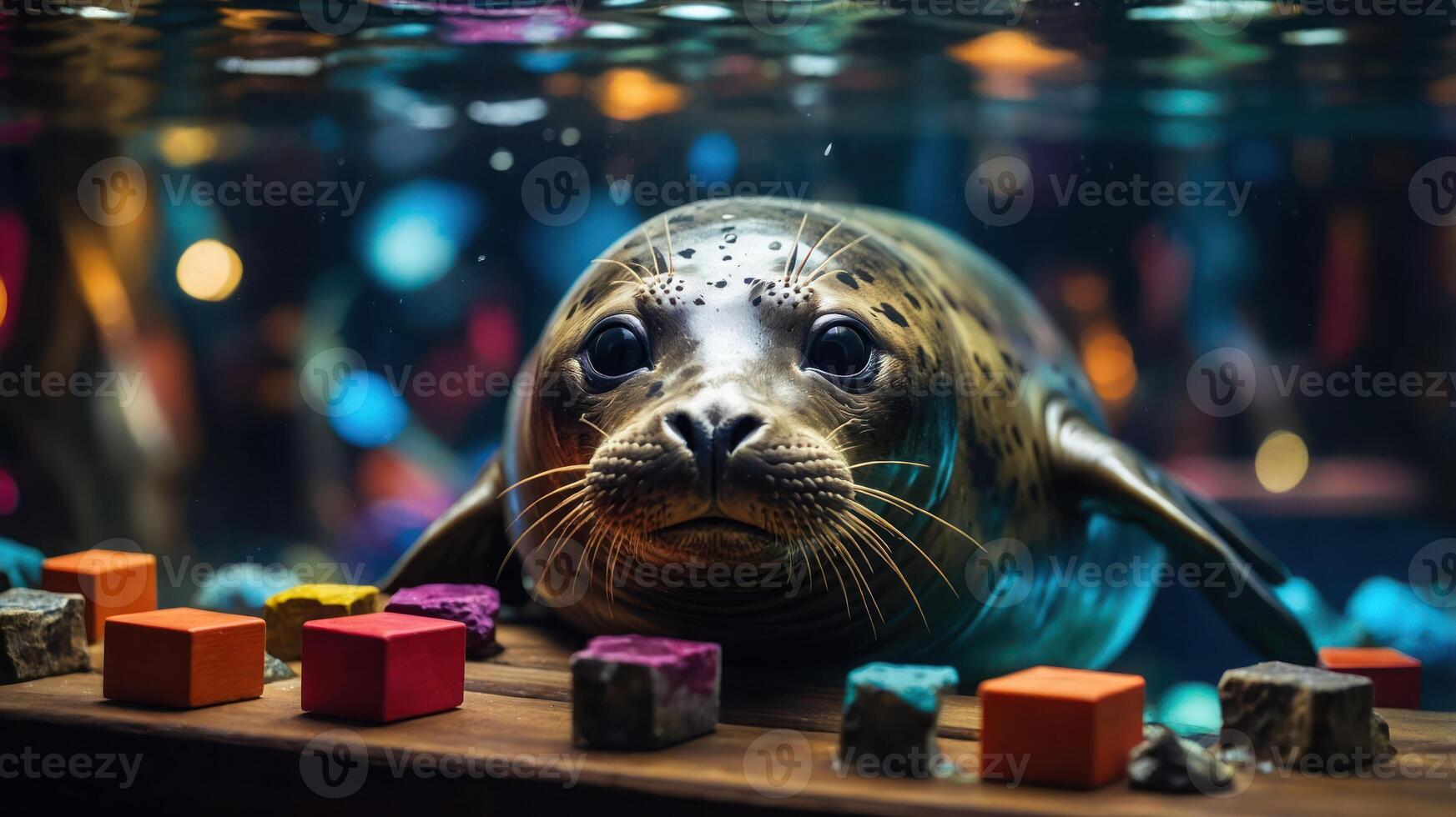 A curious seal swims in an aquarium, surrounded by colorful blocks and vibrant lighting. photo