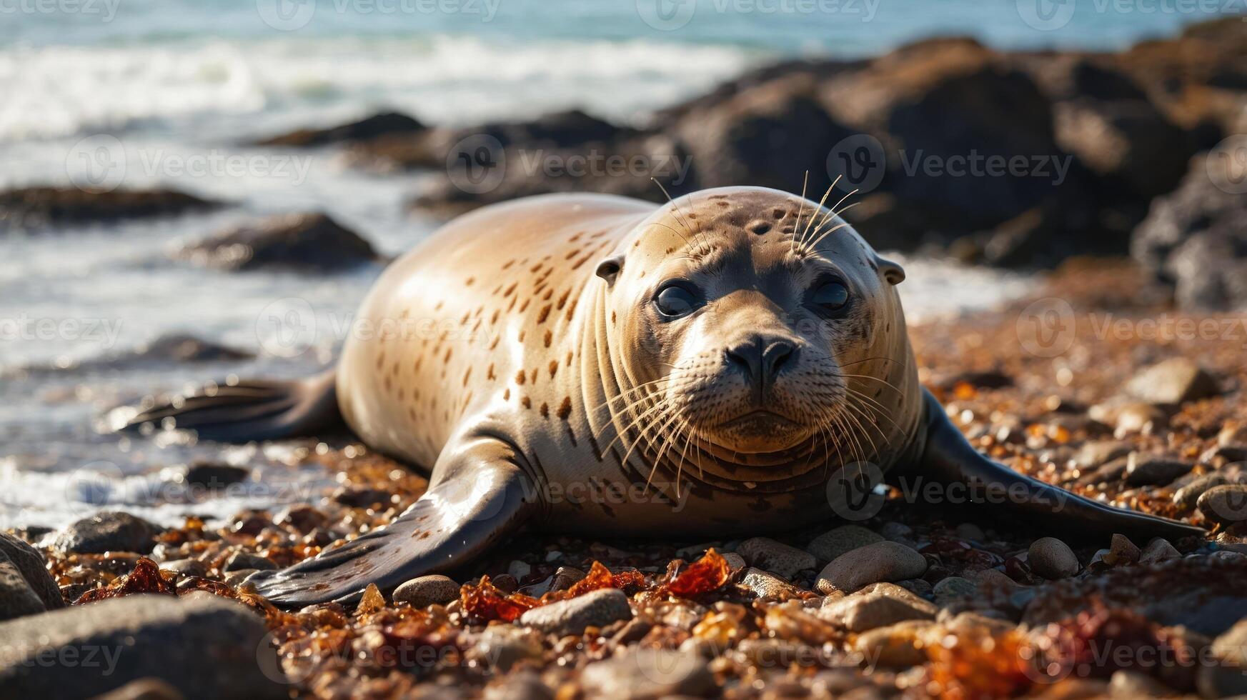 A seal resting on a rocky beach with the ocean in the background. photo