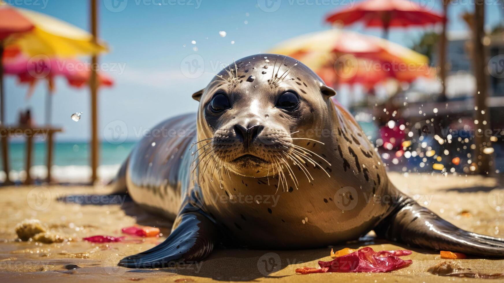 A seal resting on a sandy beach with colorful umbrellas in the background. photo