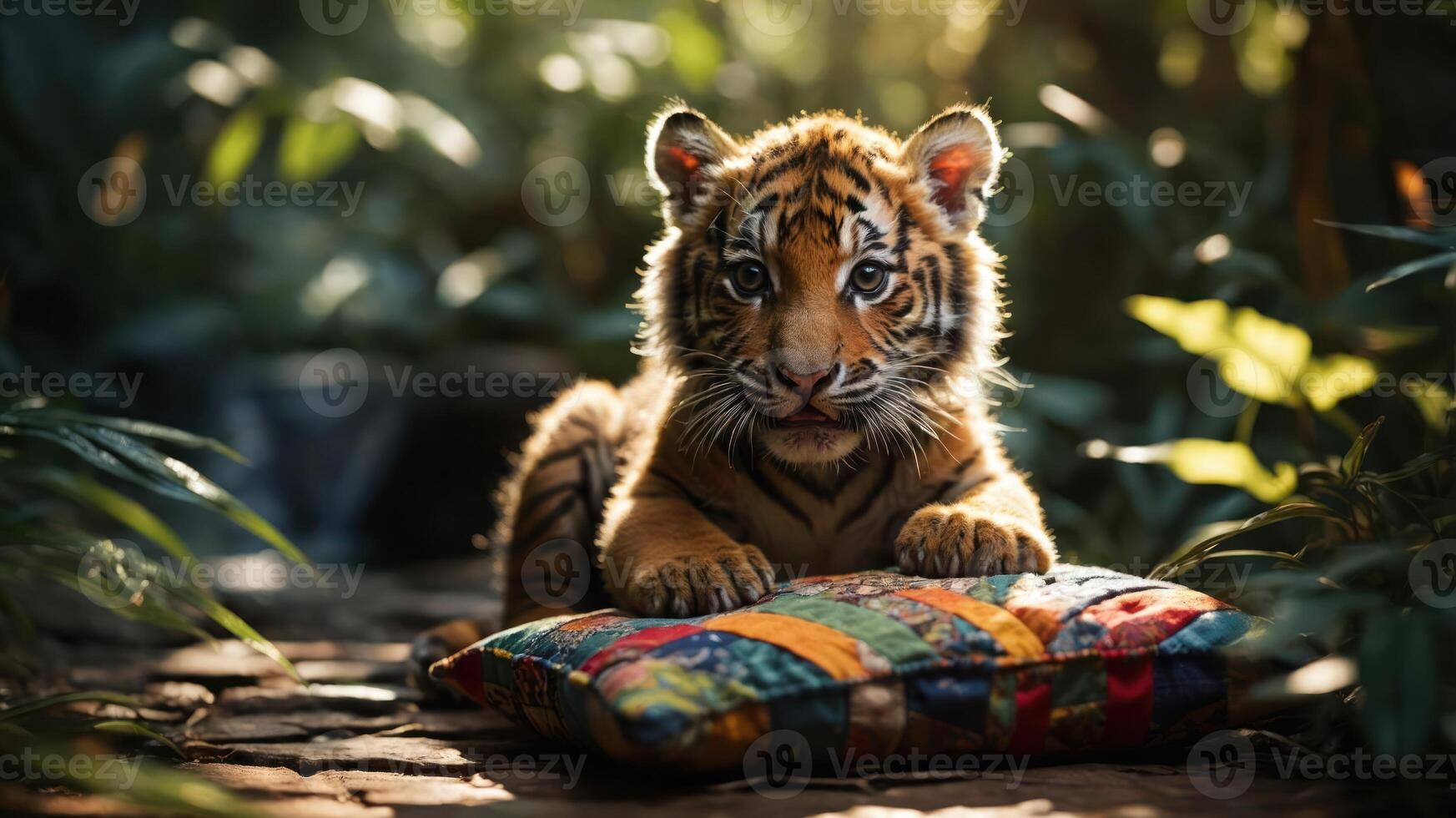 A playful tiger cub rests on a colorful pillow surrounded by lush greenery. photo