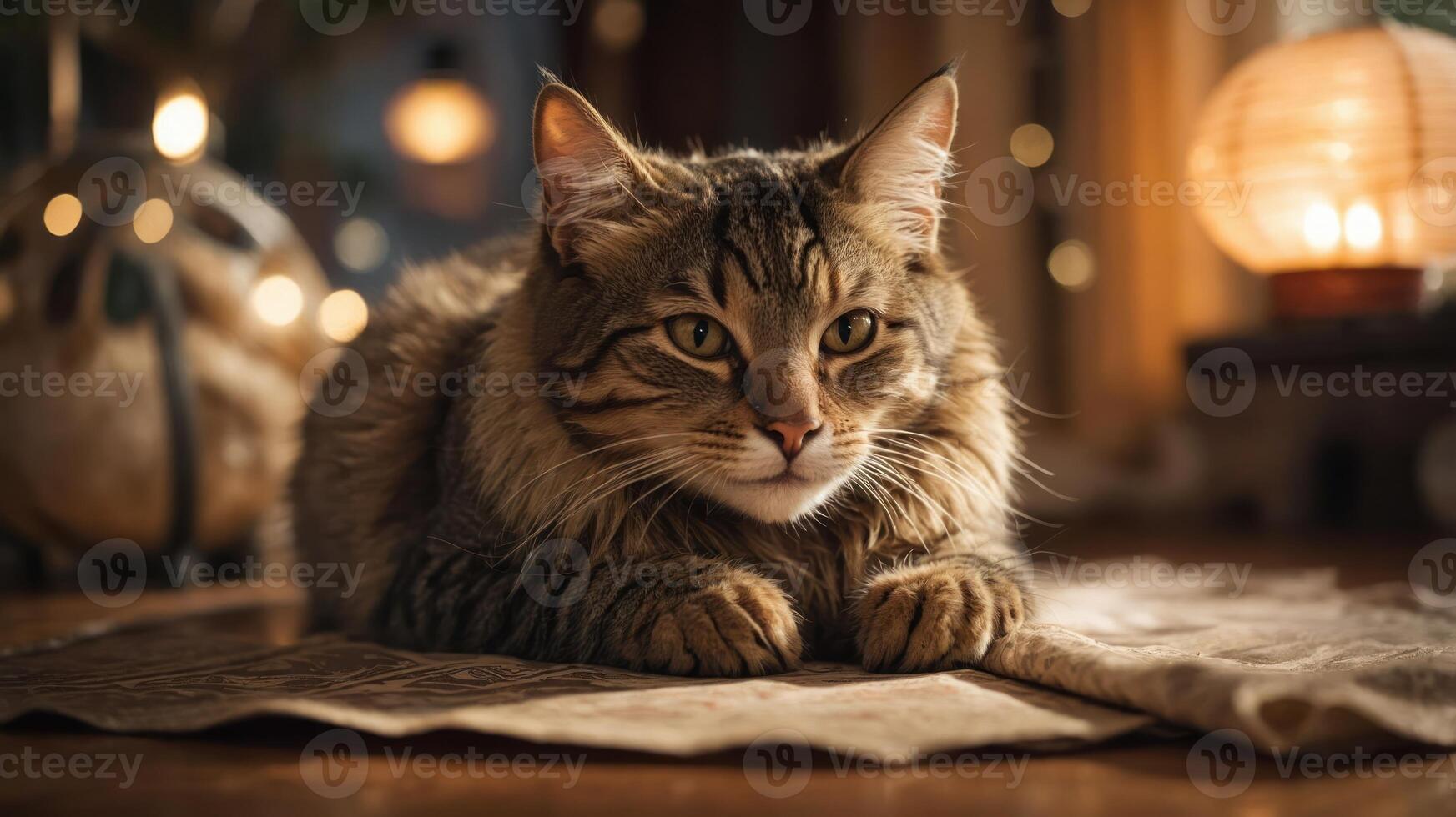 A serene cat resting on a textured surface, illuminated by warm ambient light. photo