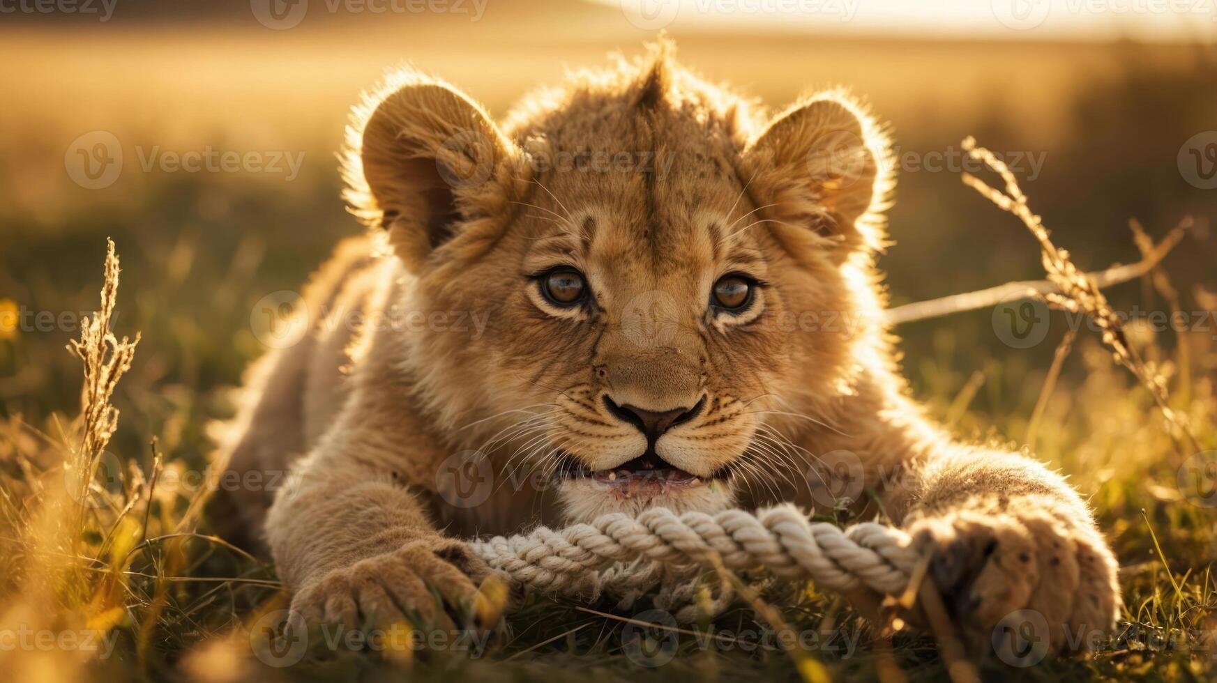 A playful lion cub chewing on a rope in a sunlit grassy field. photo