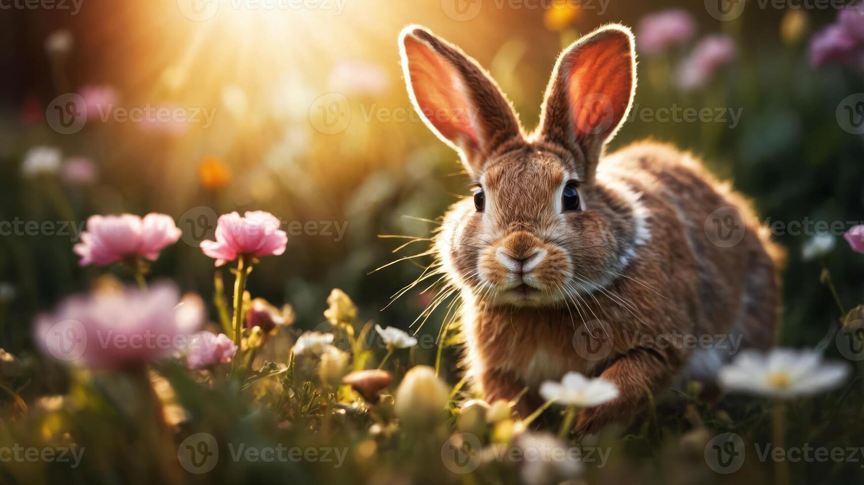 A rabbit in a sunlit meadow surrounded by colorful flowers. photo