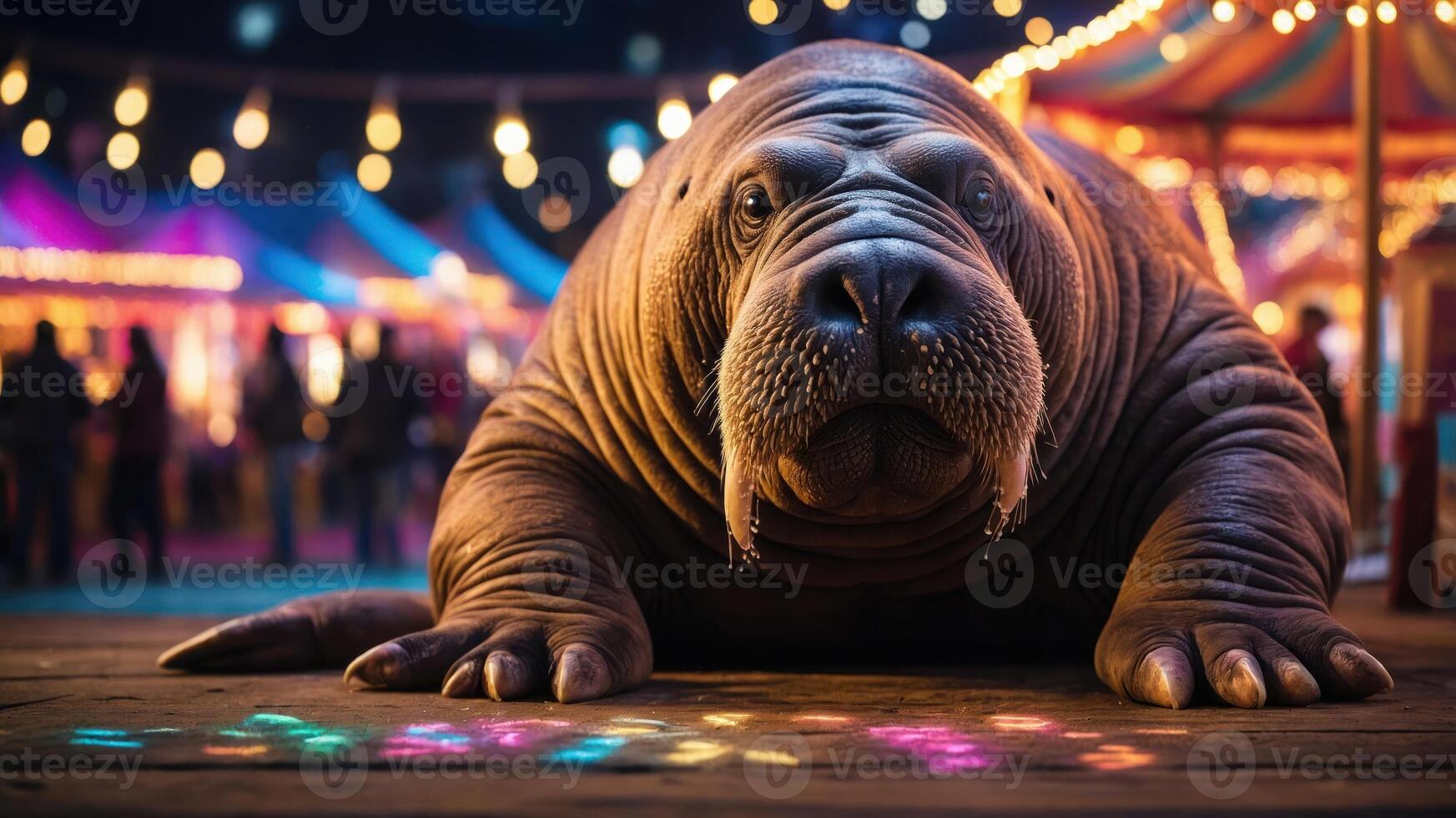 A walrus lounging at a vibrant carnival, illuminated by colorful lights. photo