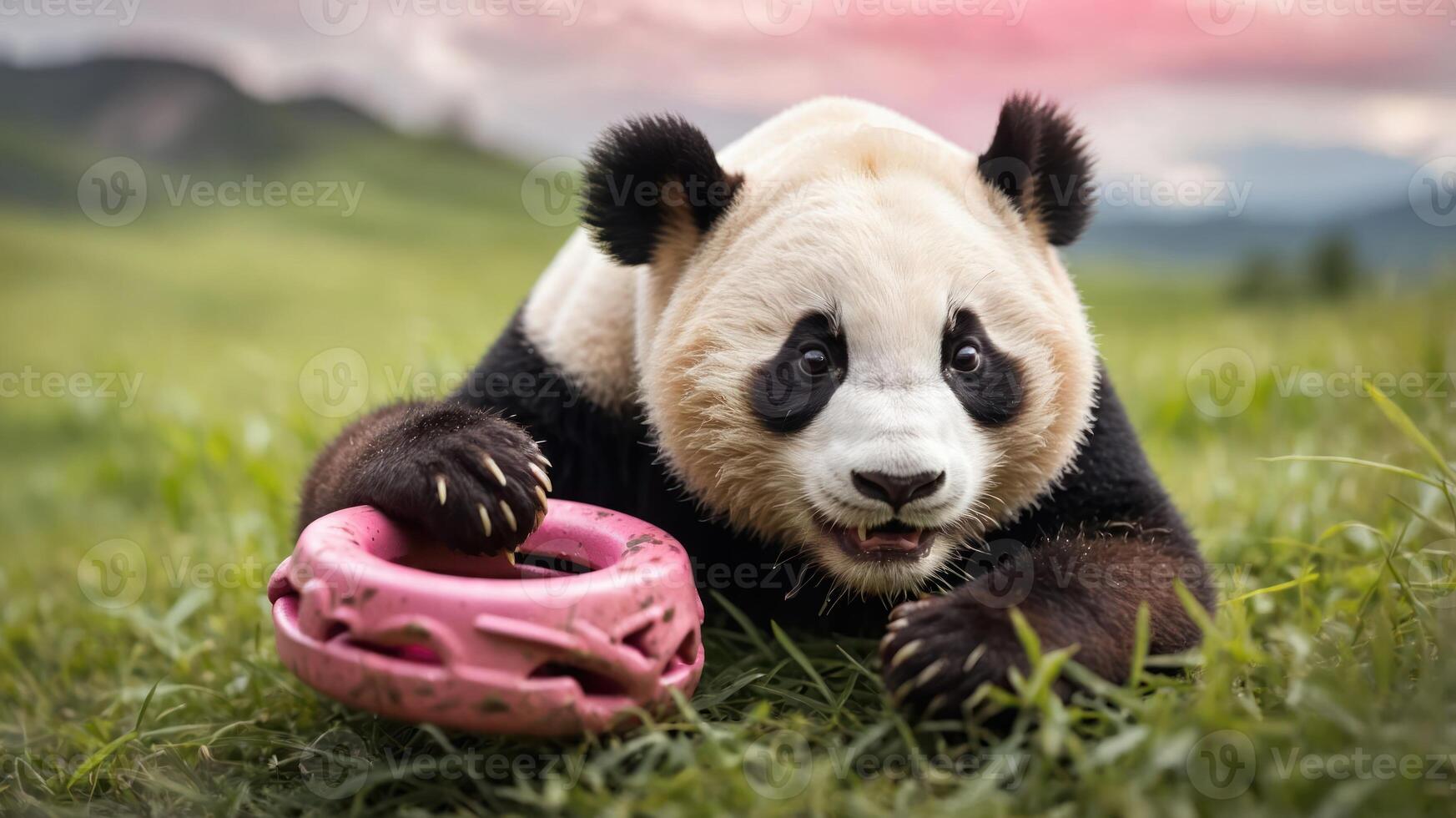 A playful panda lying on grass with a pink toy, showcasing its playful nature. photo