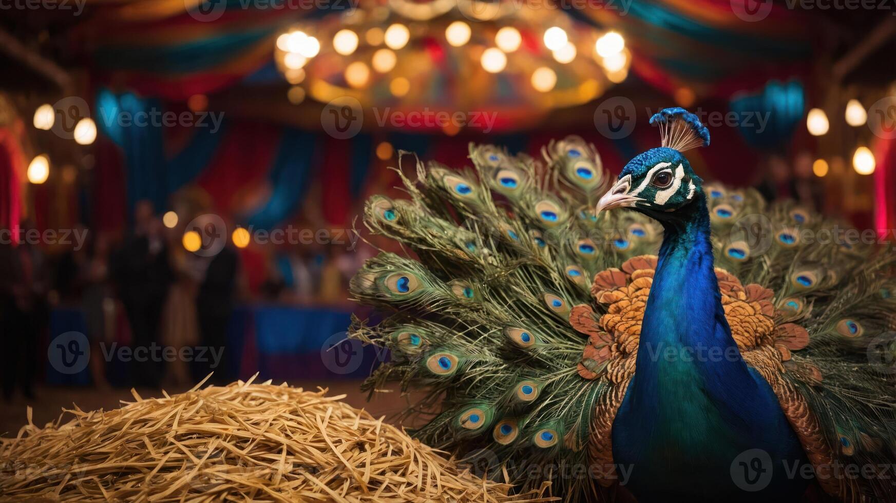 A peacock displays its vibrant plumage in a festive setting with straw bales in the foreground. photo
