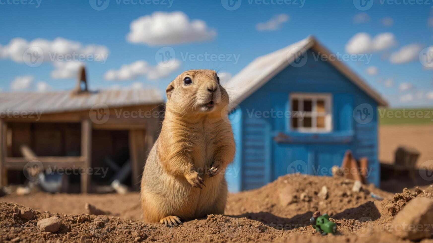 A prairie dog stands on a mound near a small blue house under a clear sky. photo