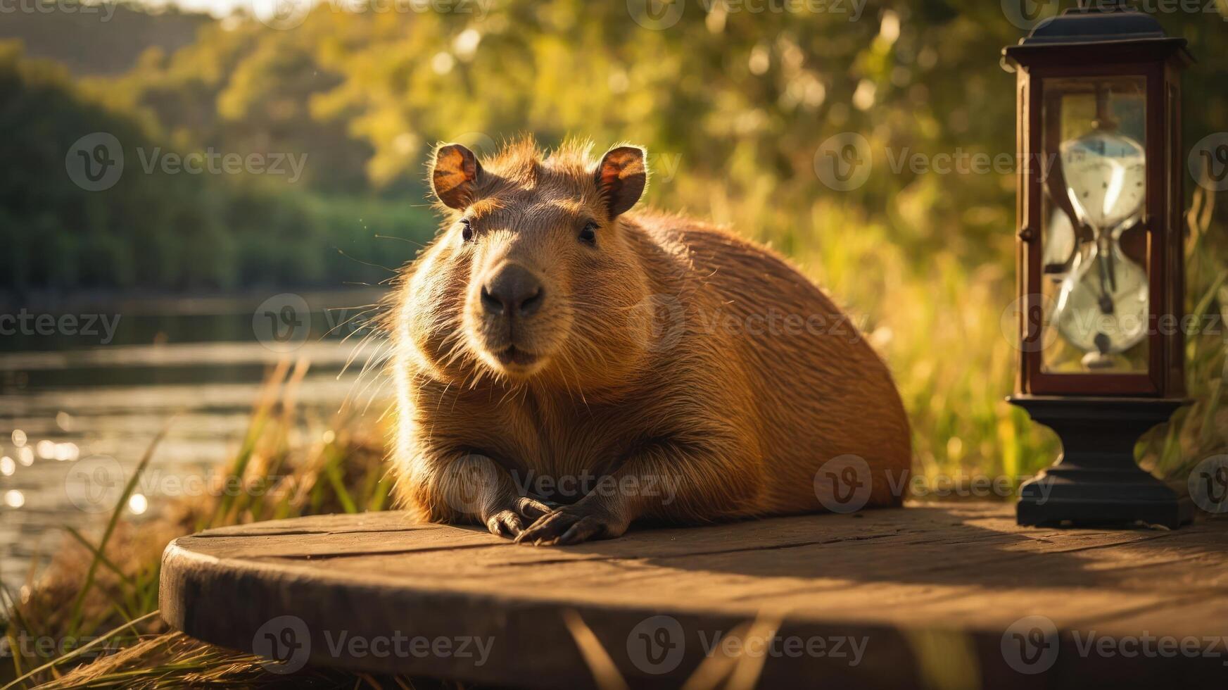 A capybara resting by a river with a lantern nearby, capturing a serene moment in nature. photo