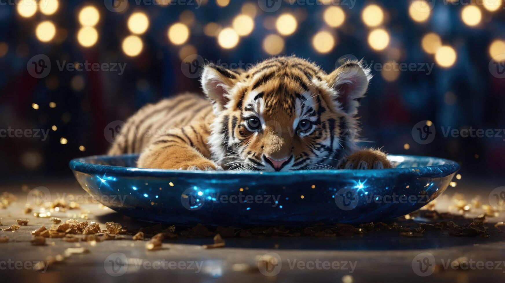 A playful tiger cub resting in a blue bowl, surrounded by sparkling lights and golden particles. photo