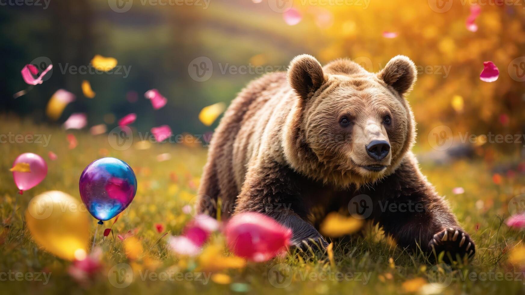 A playful bear amidst colorful balloons and flower petals in a vibrant outdoor setting. photo