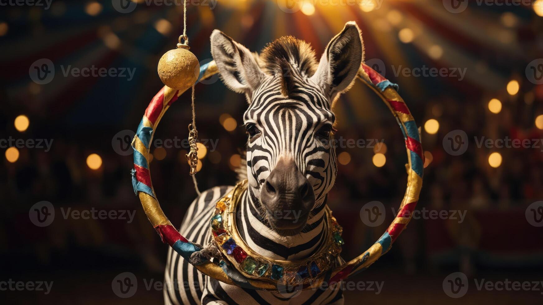 A zebra adorned with jewelry performs in a circus ring, captivating an audience. photo