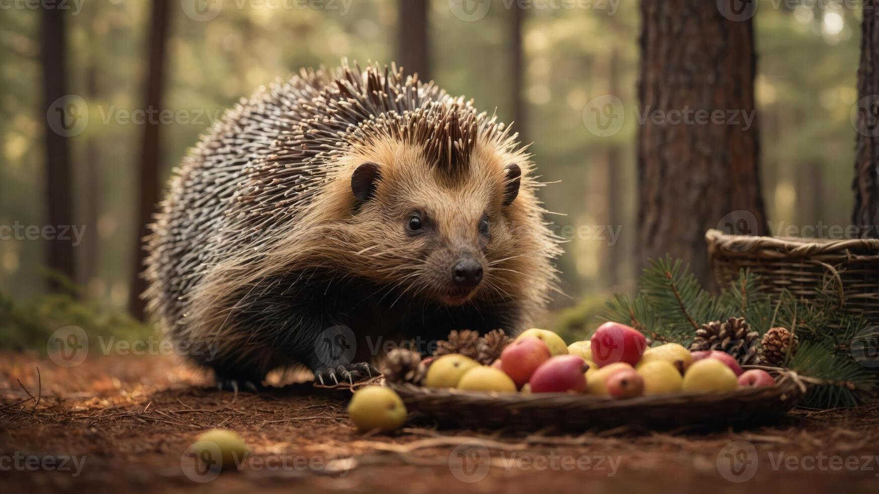 A hedgehog forages near a basket of colorful fruits in a serene forest setting. photo