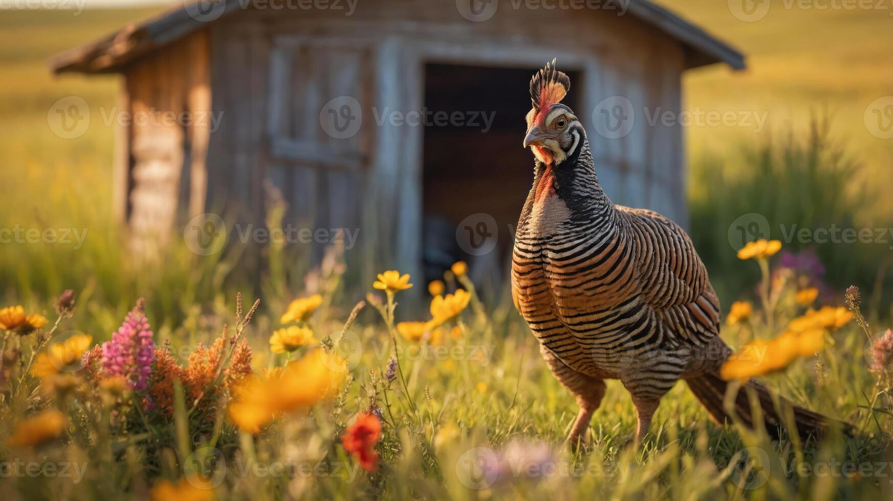 A colorful rooster stands in a field of flowers near a rustic wooden shed. photo