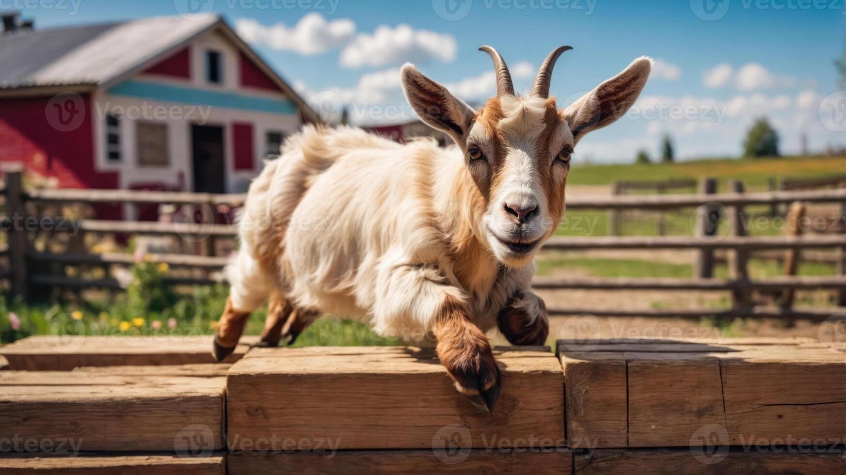 A playful goat jumps over a wooden fence on a sunny farm. photo