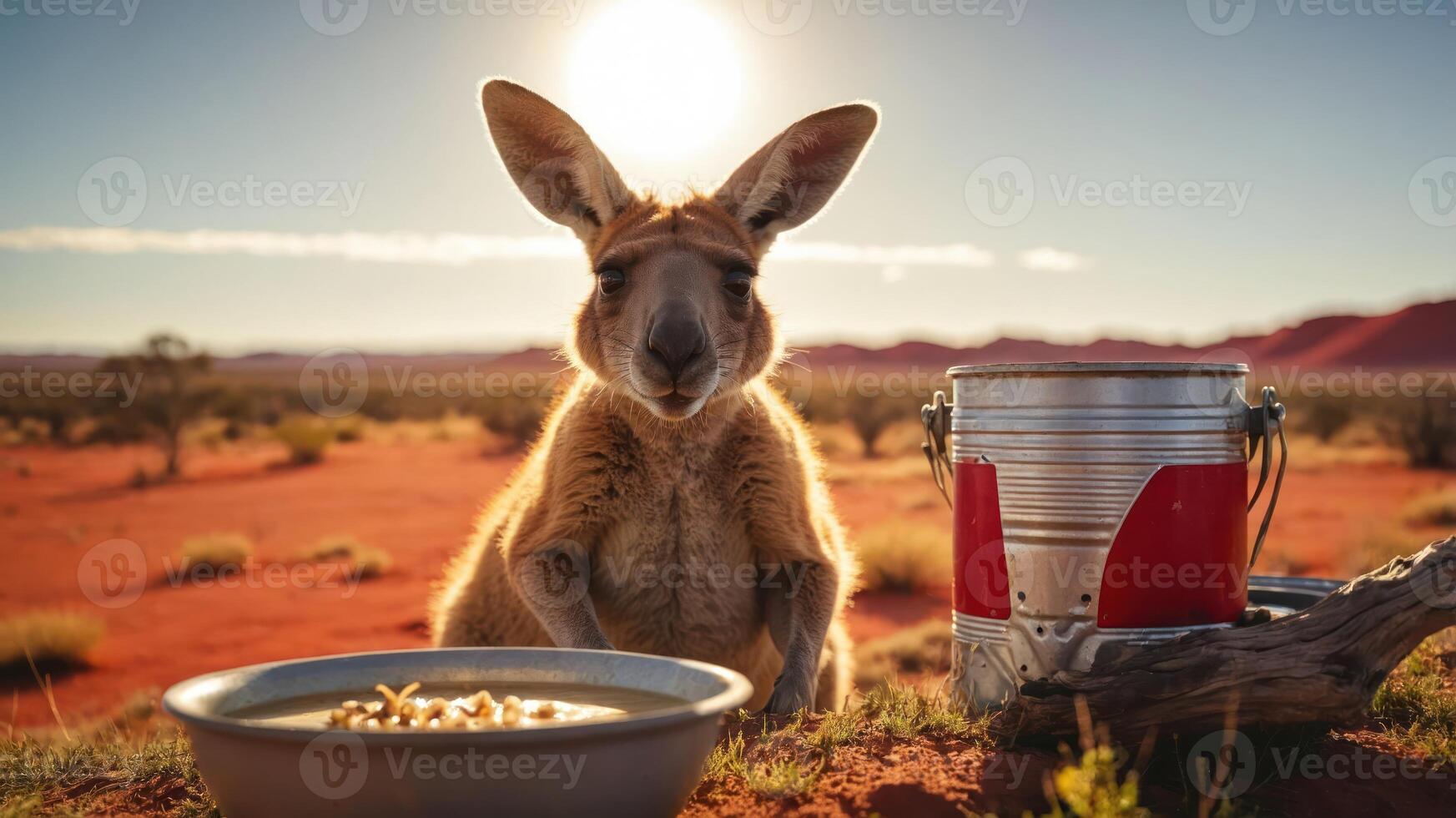A kangaroo sits in a desert landscape near a bowl of food and a metal bucket under the sun. photo