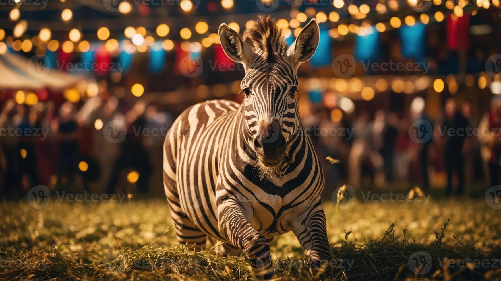 A zebra runs through a festive outdoor scene, surrounded by lights and people. photo