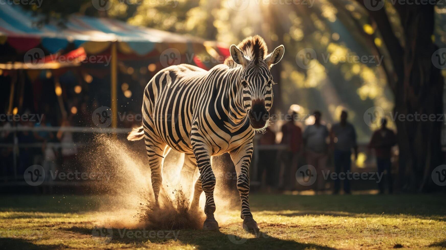 A zebra gallops through a sunlit park, kicking up dust amidst a lively atmosphere. photo