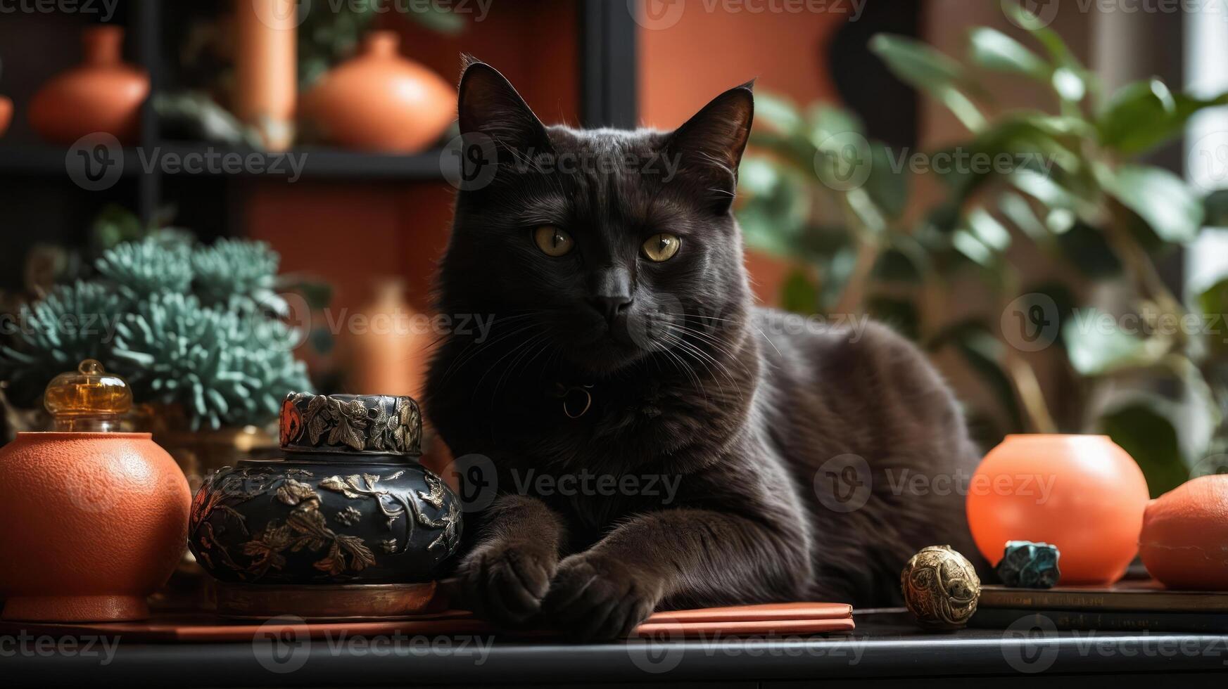A black cat rests among decorative items in a cozy, stylish interior setting. photo