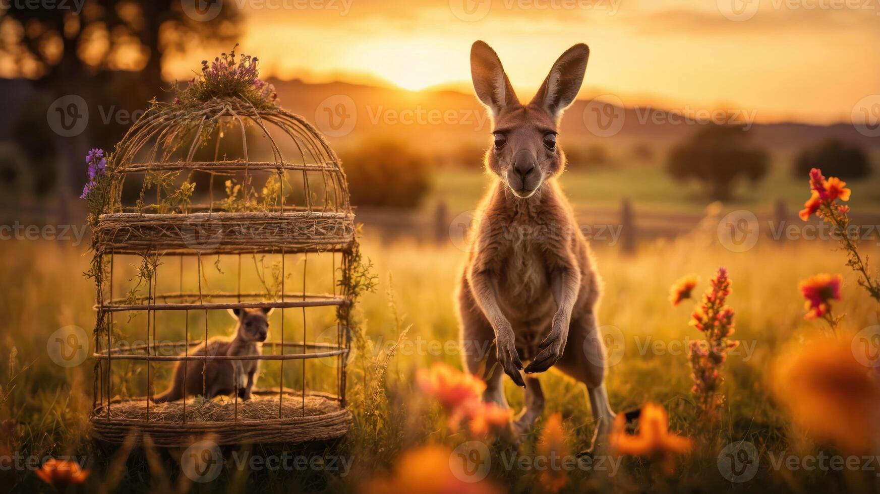 A kangaroo stands beside a cage with a smaller kangaroo at sunset, surrounded by flowers. photo