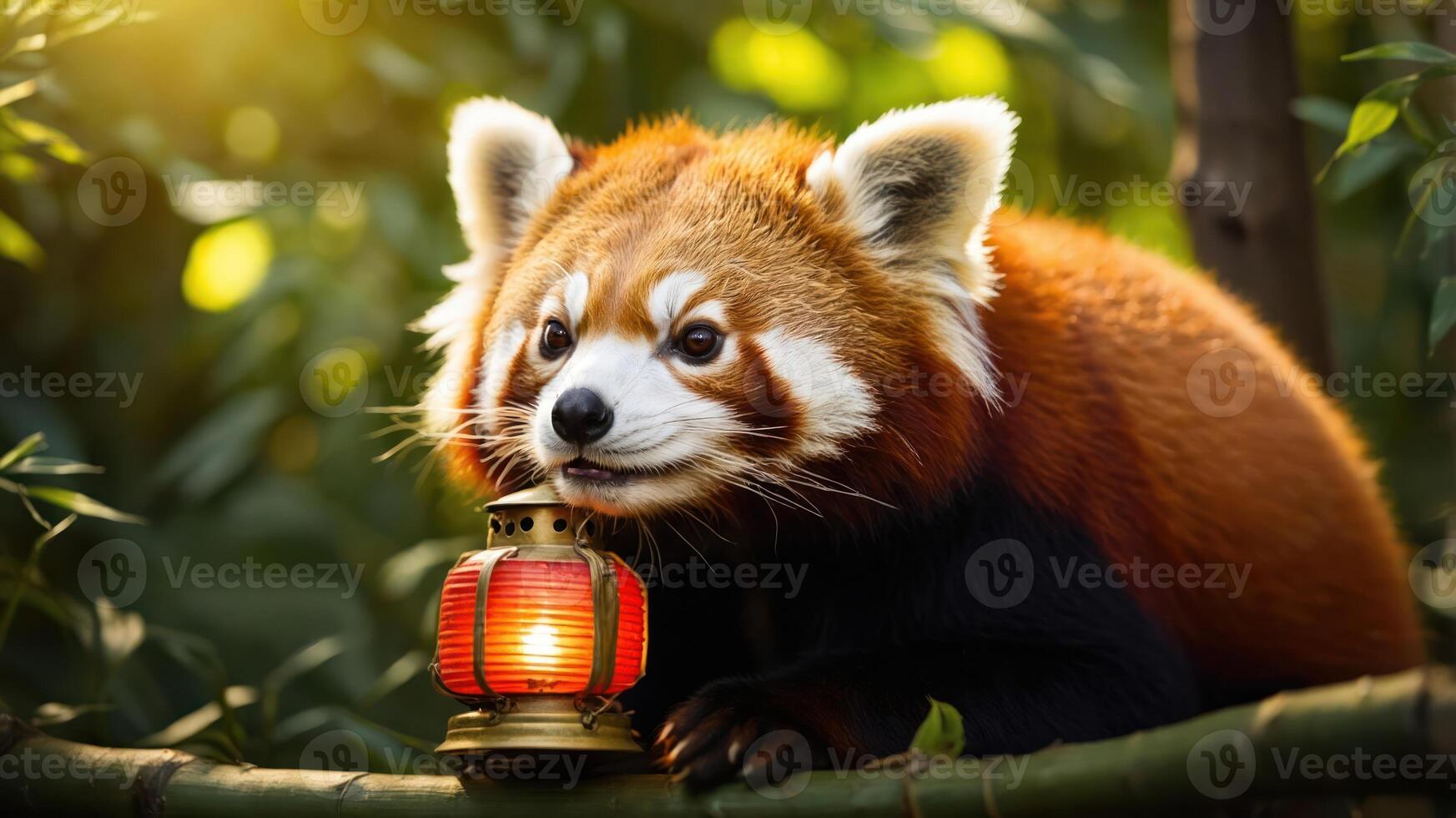 A red panda curiously gazes at a glowing lantern in a lush, green environment. photo