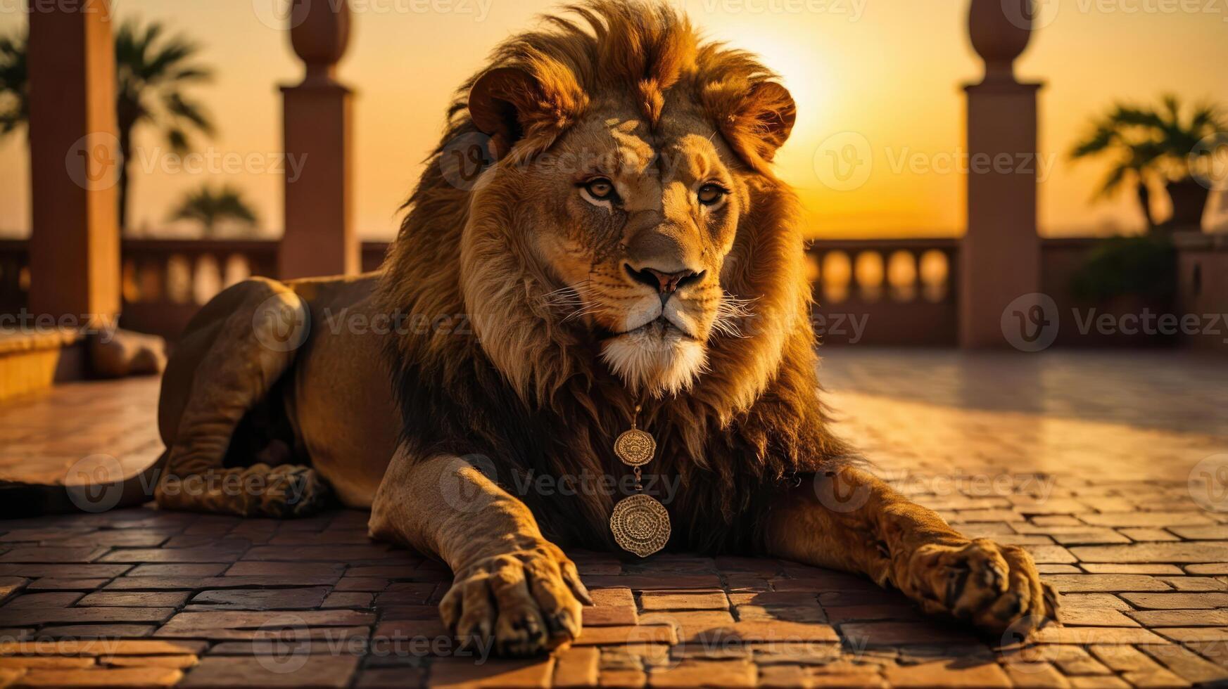A majestic lion resting on a patio during sunset, showcasing its regal presence. photo