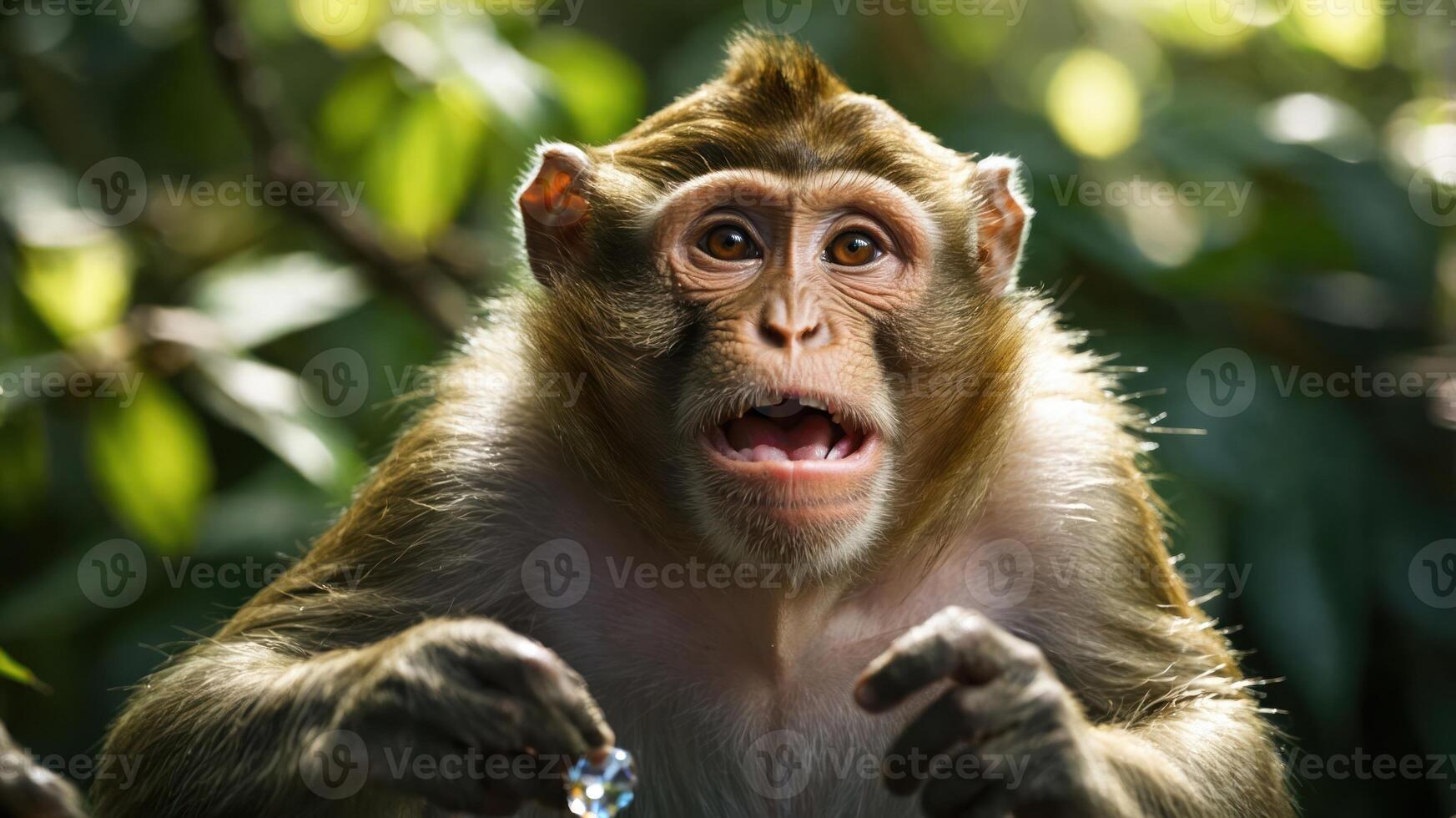 A surprised monkey holding a shiny object amidst lush greenery. photo