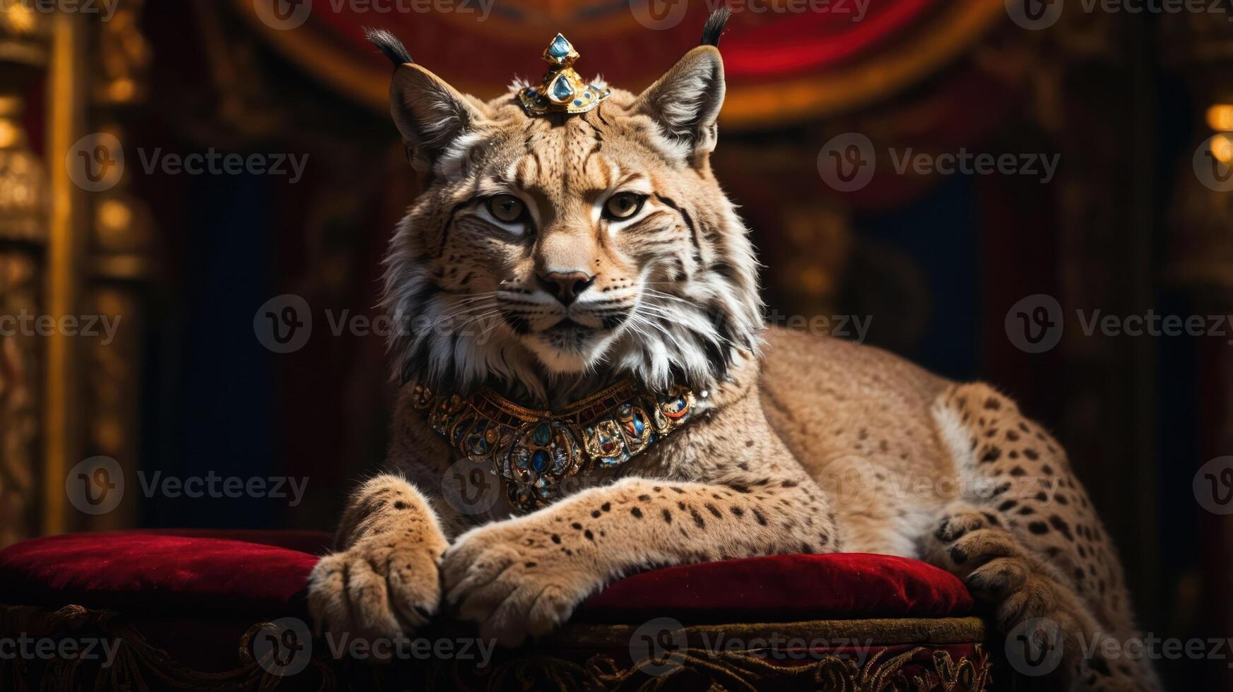A regal lynx adorned with jewelry, seated on a throne-like cushion in an ornate setting. photo