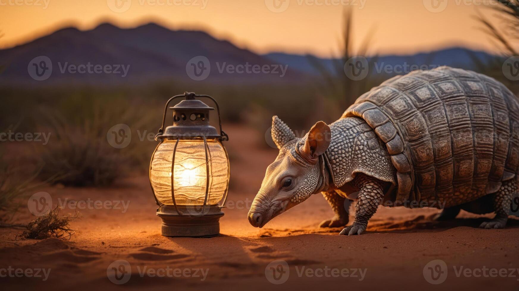 An armadillo curiously approaches a glowing lantern in a desert landscape at sunset. photo