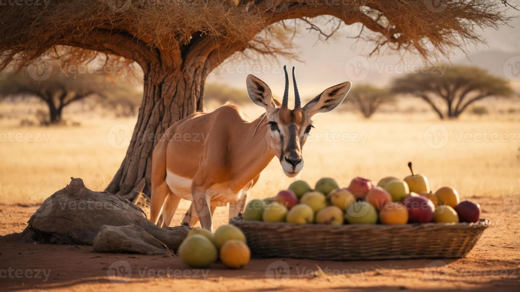 An antelope stands near a basket of colorful fruits under a tree in a serene landscape. photo