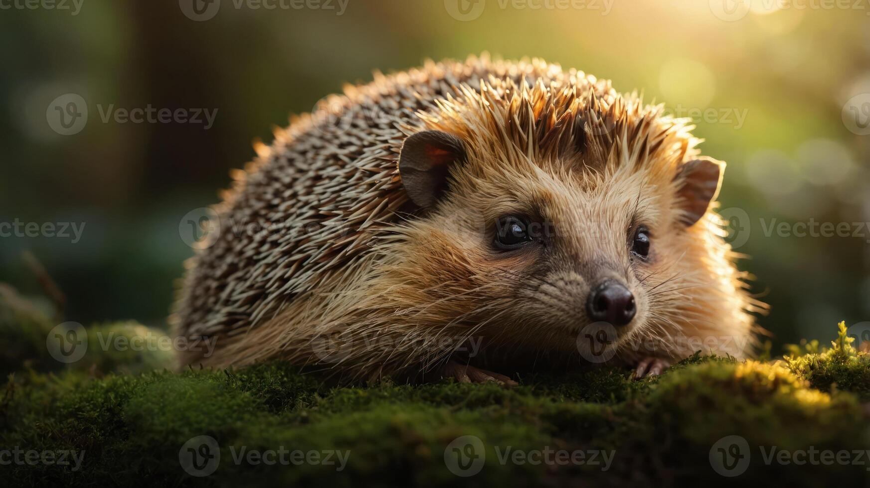 A close-up of a hedgehog resting on moss in a serene, natural setting. photo