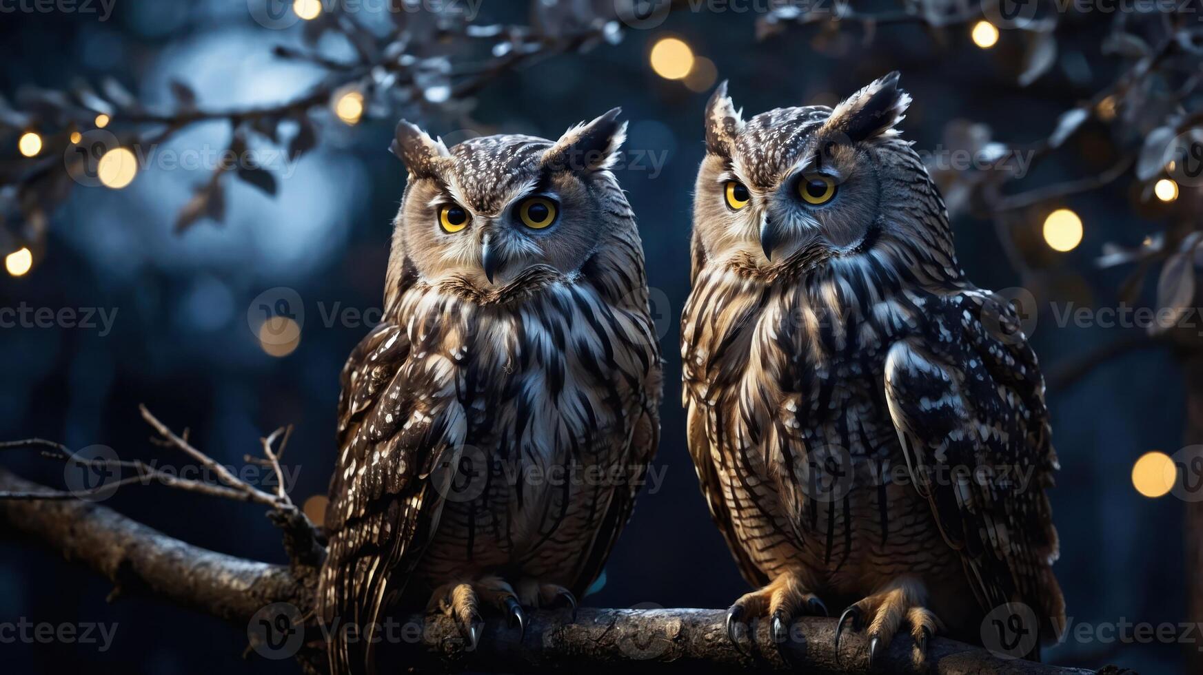 Two majestic owls perched on a branch, illuminated by soft, glowing lights in a serene setting. photo