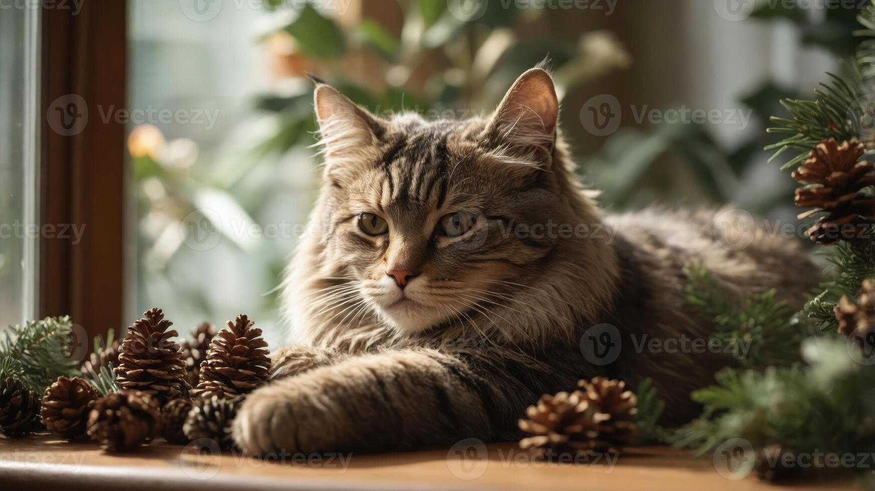 A serene cat lounging by a window with pinecones and greenery. photo